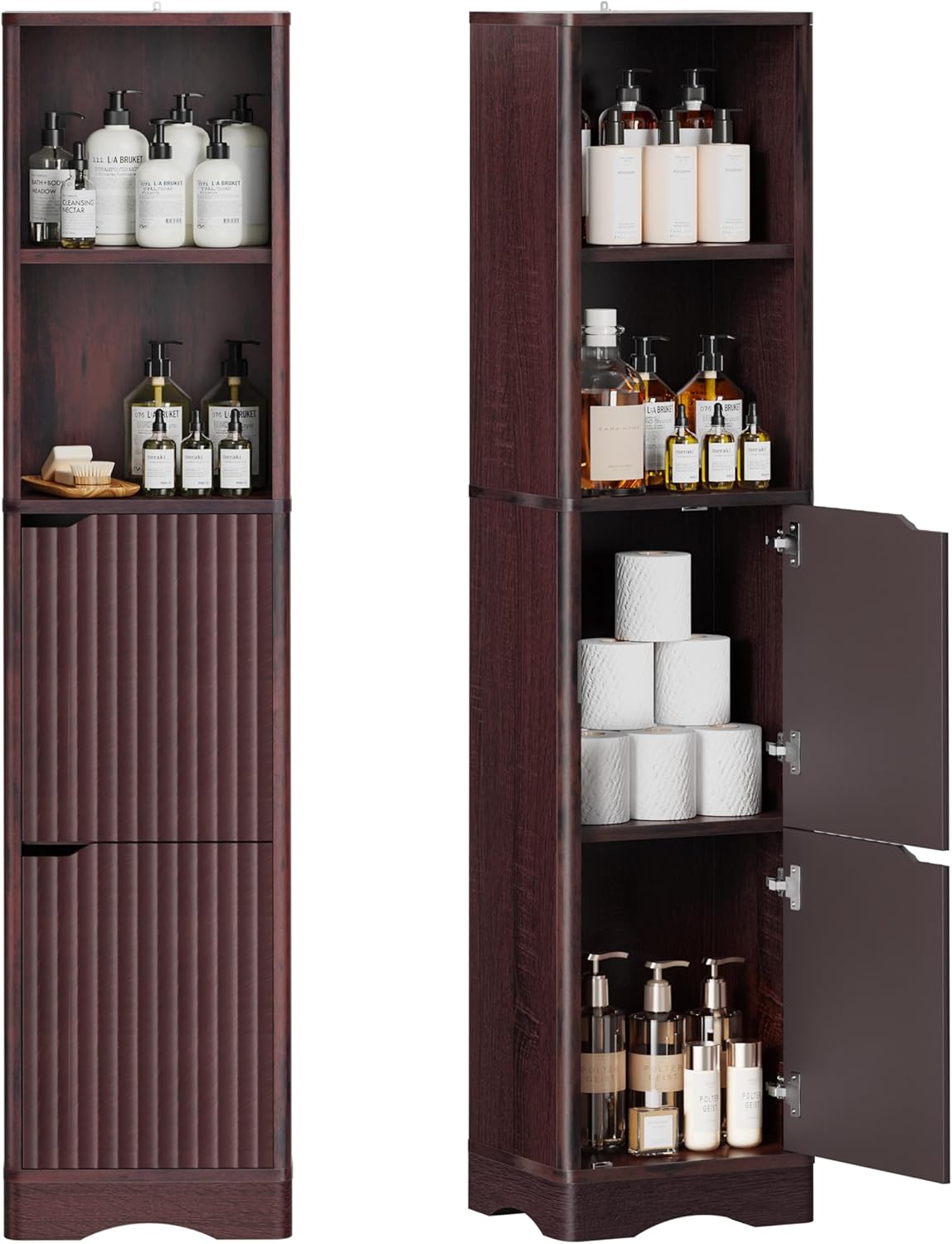 67" Tall Bathroom Organizer and Storage, Narrow Storage Cabinet with 2 Doors and 4 Shelves, Freestanding Floor Storage Unit,15.7" W x 11.8" D x 66.9" H, Walnut