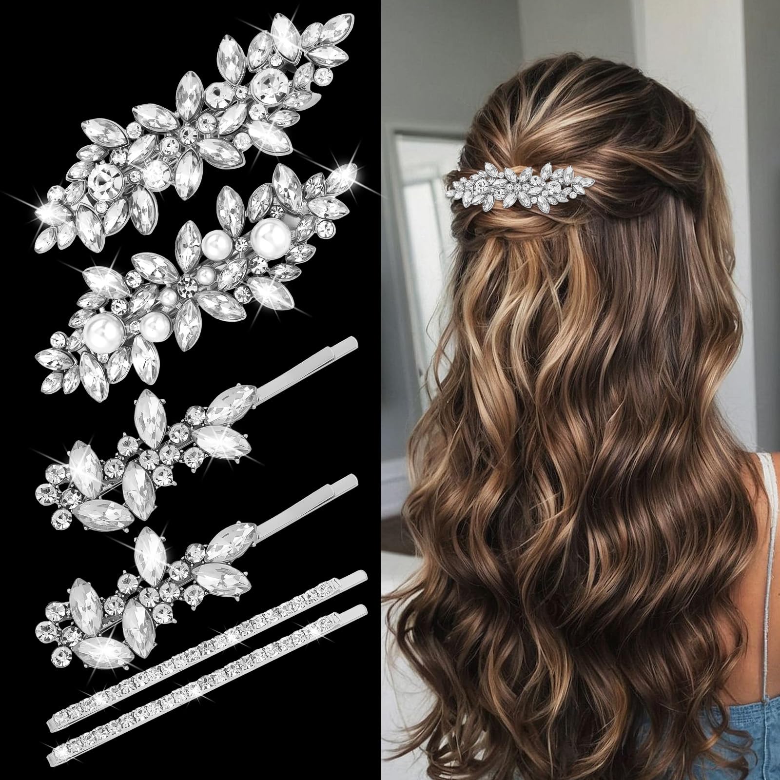 Photo 1 of *** 4 PCS *** Rhinestone Hair Clips for Women Silver 6PCS Bridal Rhinestone Pearl Hairpins Decorative Bobby Pins Bling French Barrette Prom Wedding Hair Accessories for Women Bride Bridesmaid Flower Girls Party