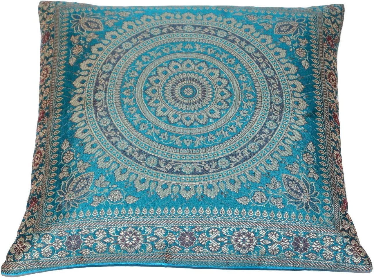 Handgefertigt Türkis Dekokissen aus Indische Banarasi Seide - 40 cm x 40 cm | 16 x 16 Zoll. Handgewebt und handgenäht von Kunsthandwerkern aus Indien (Mandala Muster, 2X)