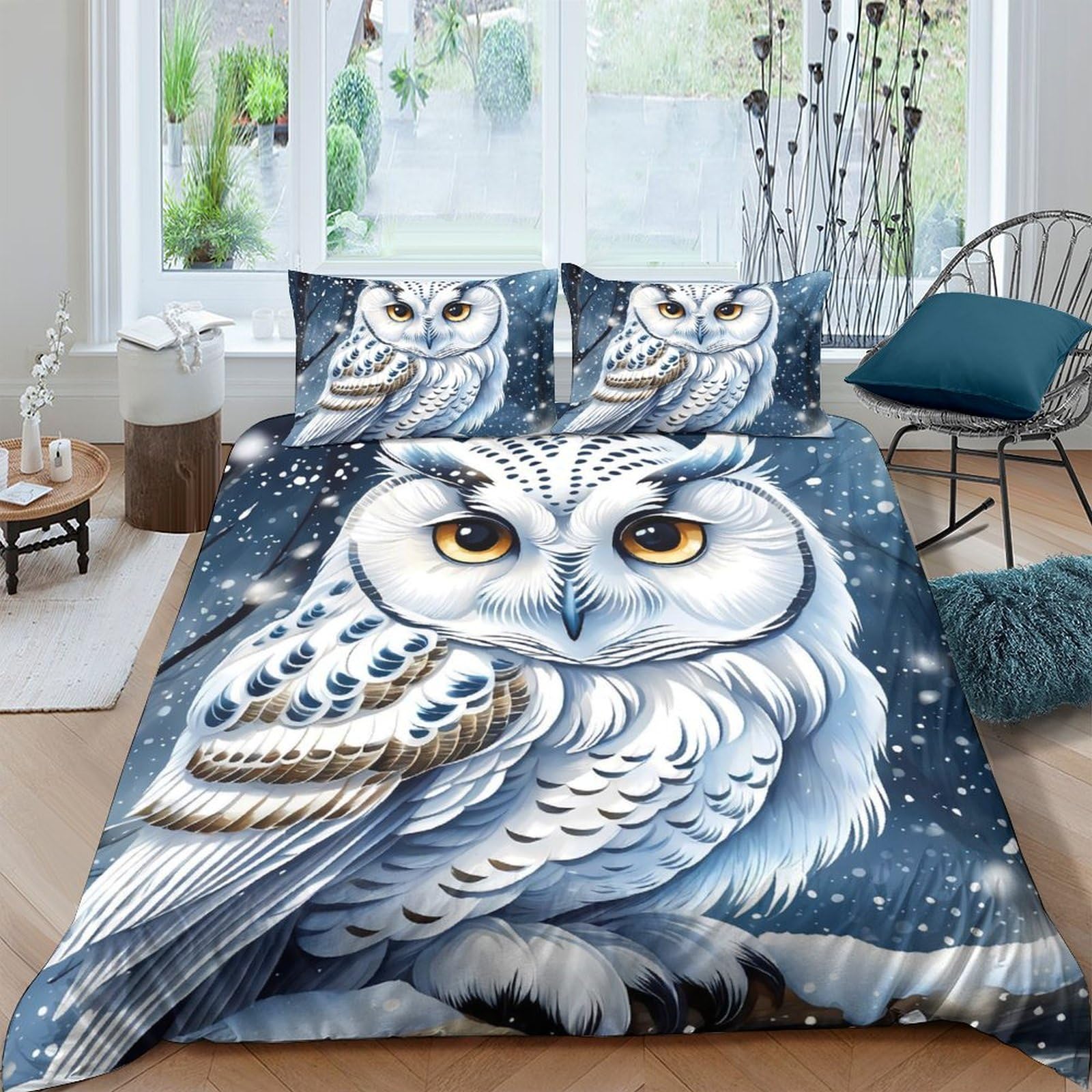 P5V6M1Q9 3D Printed Snowy Owl Duvet Cover Microfiber Soft Breathable Night Forest Bedding Set with 2 Pillowcases for Bedroom Decor, Single（135x200cm）