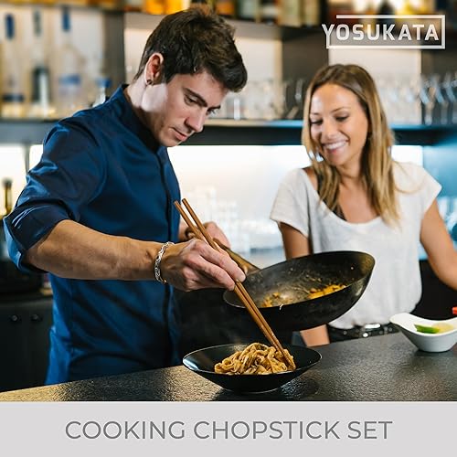 Miniatura 8 de YOSUKATA Wok Pan de fondo plano - Wok de acero al carbono azul de 13.5" + palillos de cocina largos reutilizables de madera natural Juego de 3