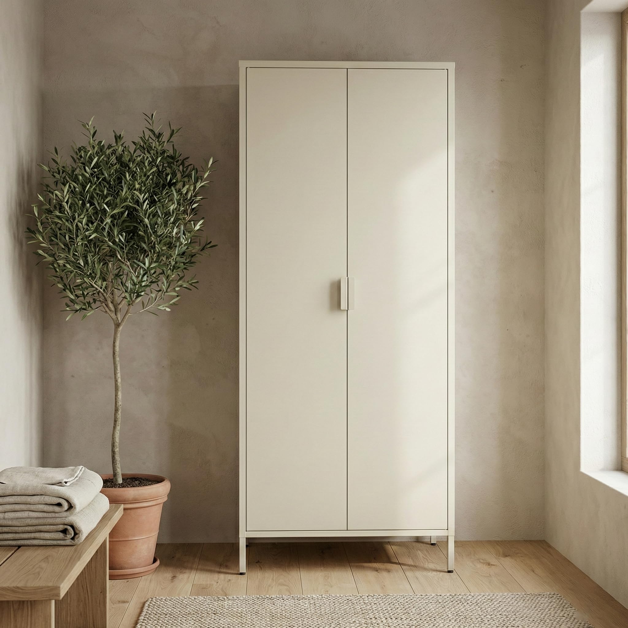 Brigros - Armadio Metallico 2 Ante Con Ripiani E Appendiabiti 80x40x170 Cm, Armadio Salvaspazio Multiuso Per Camera Da Letto, Cameretta E Mansarda, Guardaroba Moderno In Metallo Colorato (Avorio)