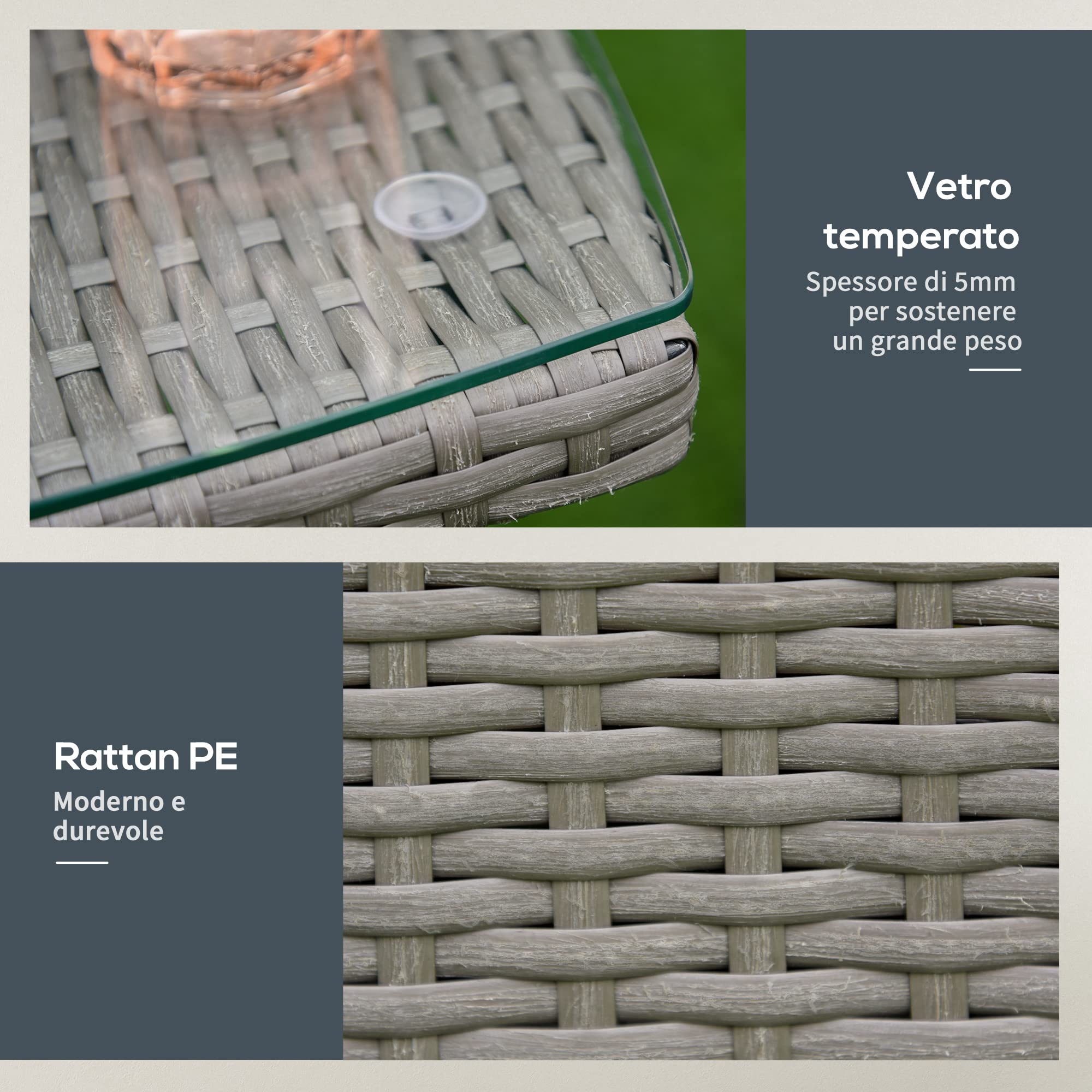 Outsunny Set Giardino Esterno 3 Pezzi Rattan PE Acciaio, 2 Sedie Cuscini Lavabili Braccioli Tavolino Caffè Vetro Grigio