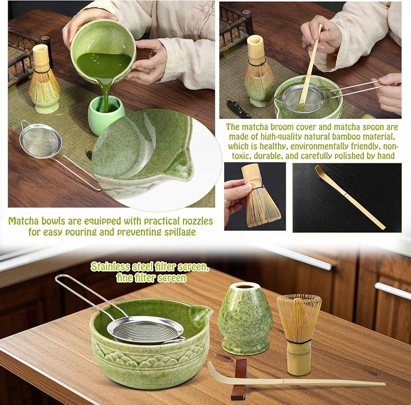VZXZXE Matcha Készlet 6 Részes - Habverő, Kanál, Tál, Szűrő és Kerámia Teáscsésze - Matcha Colored 6 Piece Set