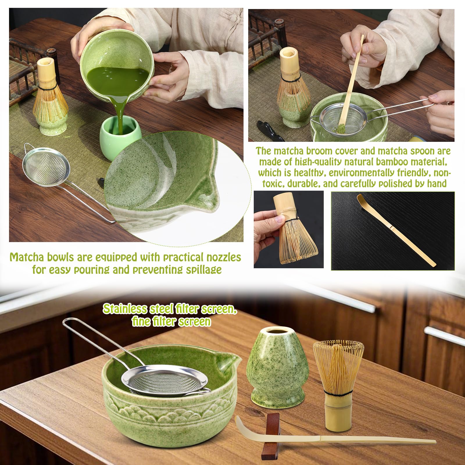 VZXZXE Matcha 6-delige bezemset, match garde, match lepel, match kom met uitloop, match whisk, roestvrijstalen zeeflepel, keramische matcha teset