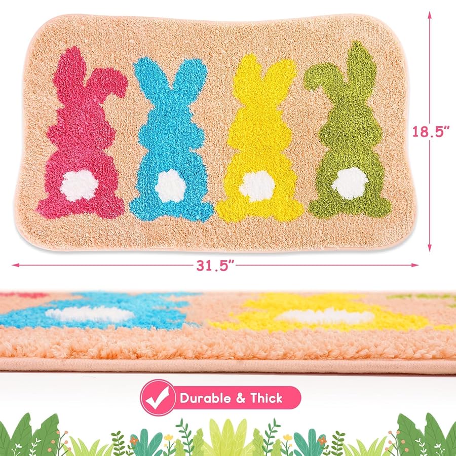 Percozzi Easter Bunny Bathroom Rug Spring Tufted Non-Slip Water Absorbent Bath Rug for Bathroom Shower Tub Kitchen Area Rug Decorations - image 2