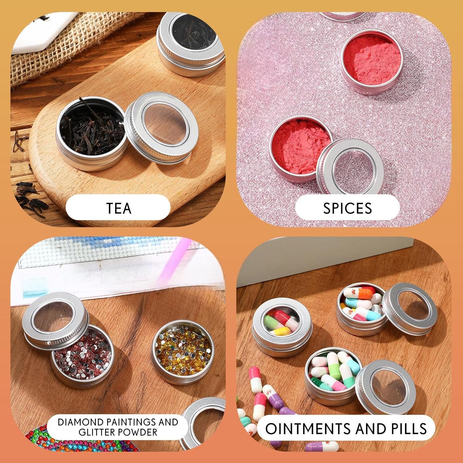 100 Pcs 0.5 Ounce Aluminum Tin Jar 15 ml Refillable Containers Clear Top Screw Lid Round Tin Container Bottle for Cosmetic, Cream, Diamond Painting, Salves, Balms, Lip Balm, Spices or Others, Silver