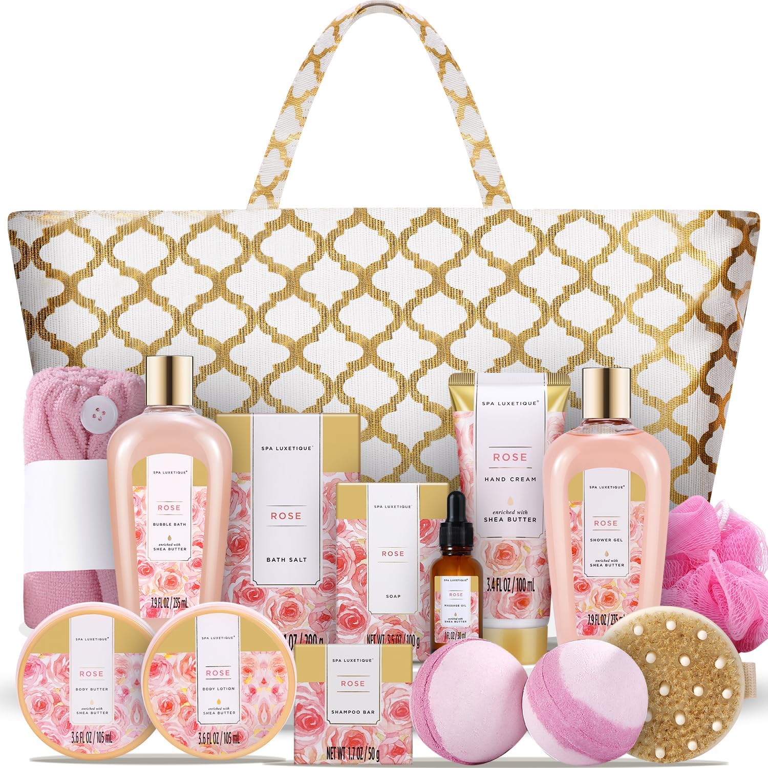 Spa Luxetique Gift Basket, Bath And Body Set For Women, Luxury 15 Pcs Sets, Rose Scented, Home Includes Massage Oil, Salt, Bubble Bath, Best Baskets Women.