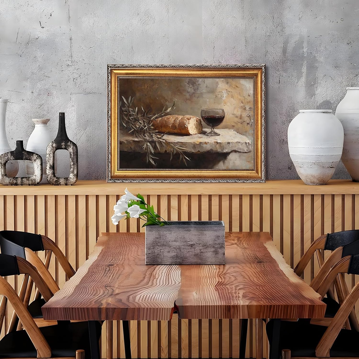 RINMFEO Golden Frame Last Supper Communion Canvas Art Christian Wall Painting Bread and Wine Still Life Religious Artwork Easter Home Decor Faith Based Presentation 16x24inch