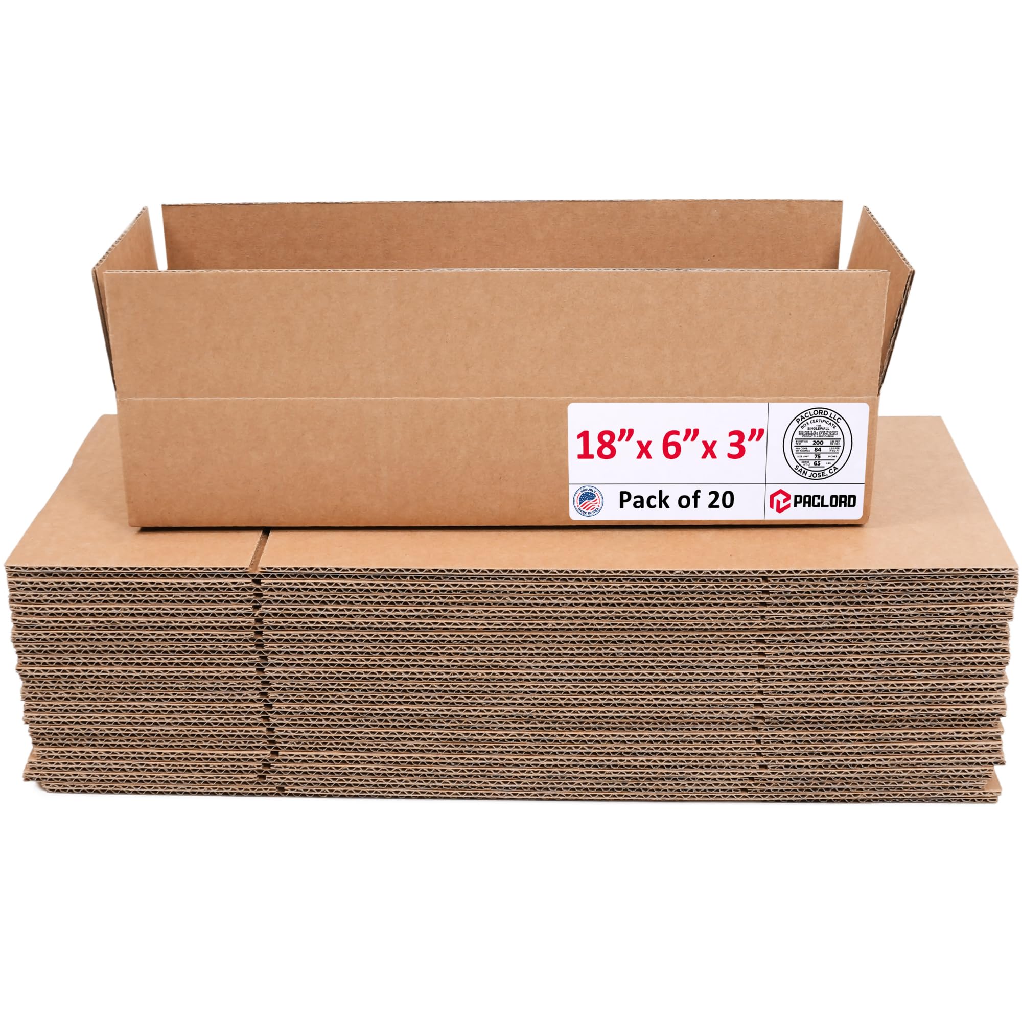 Flat Cardboard Boxes 18"L x 6"W x 3"H (Pack of 20) - USA-Made Packing Boxes for Moving, Shipping, or Storage - USPS, UPS, FedEx Approved - Professional Packing Supplies for Moving | USA-Made Packing Boxes for Moving, Shipping, or Storage - USPS, UPS, FedEx Approved - Professional Packing Supplies