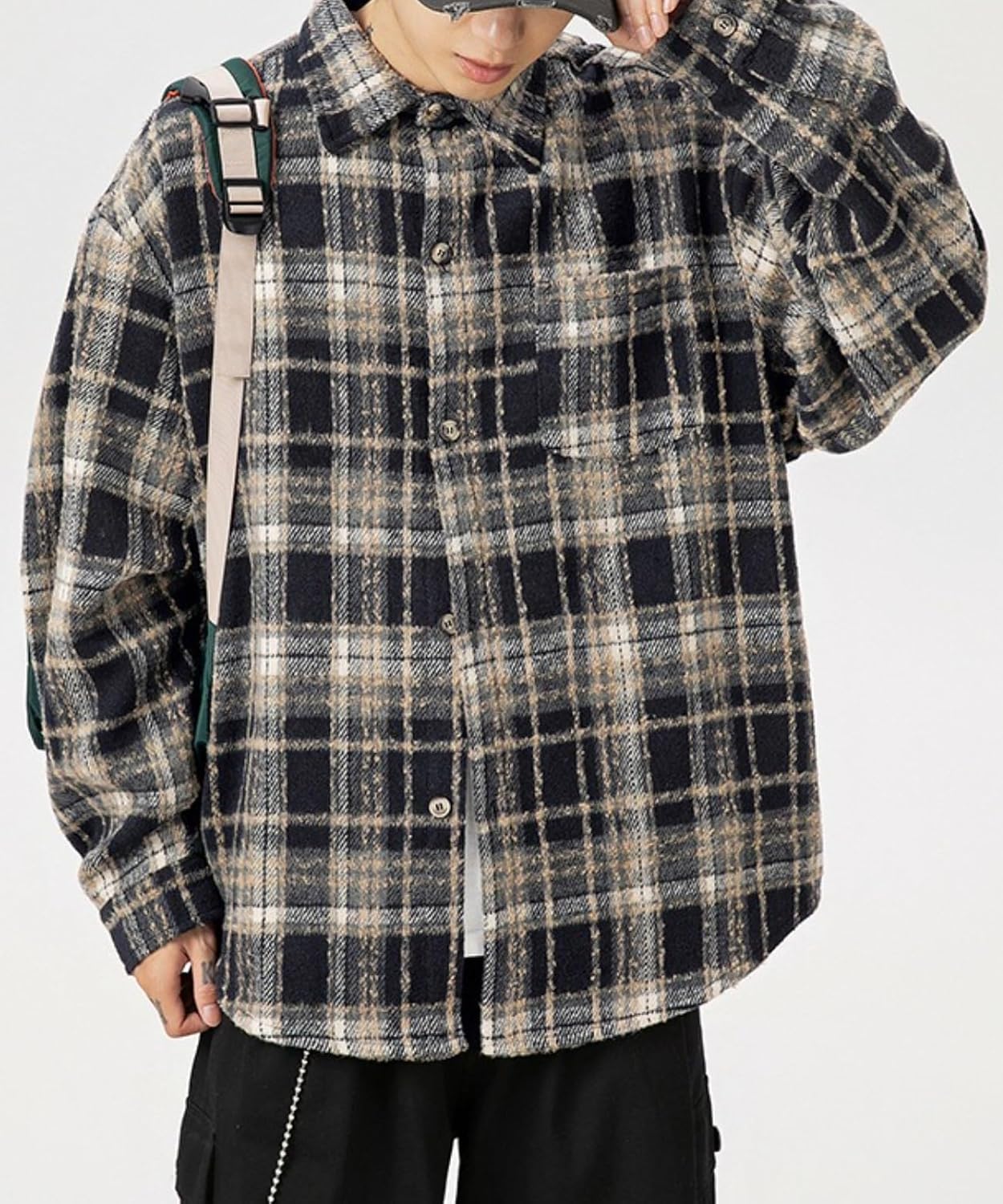 POHADON Fall Winter Plaid Flannel Shirts for Men Fashion Retro Button Down Shirts Jacket Y2k Trendy Shackets Korean Tops
