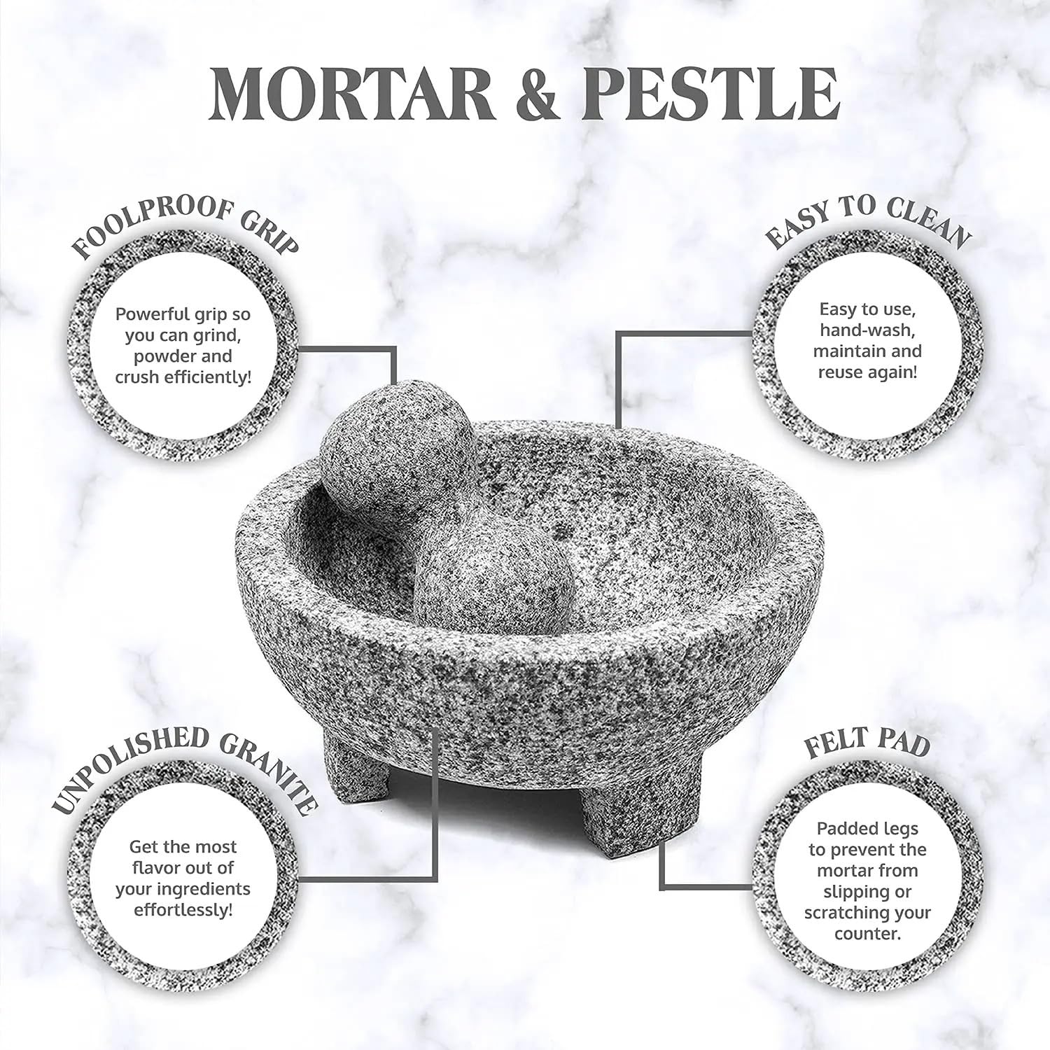 Mortaio Con Pestello Set di mortaio e pestello in granito, ciotola da 8 pollici, macina in pietra naturale for spezie, condimenti, paste, pesti