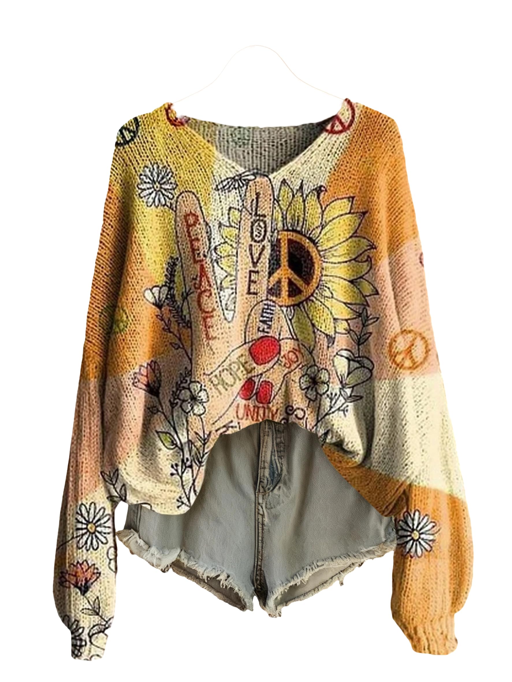 Womens Plus Size V Neck Sweaters Ethnic Floral Knit Tops Fall Long Sleeve Colorful Graphic Lightweight Pullover Sweater