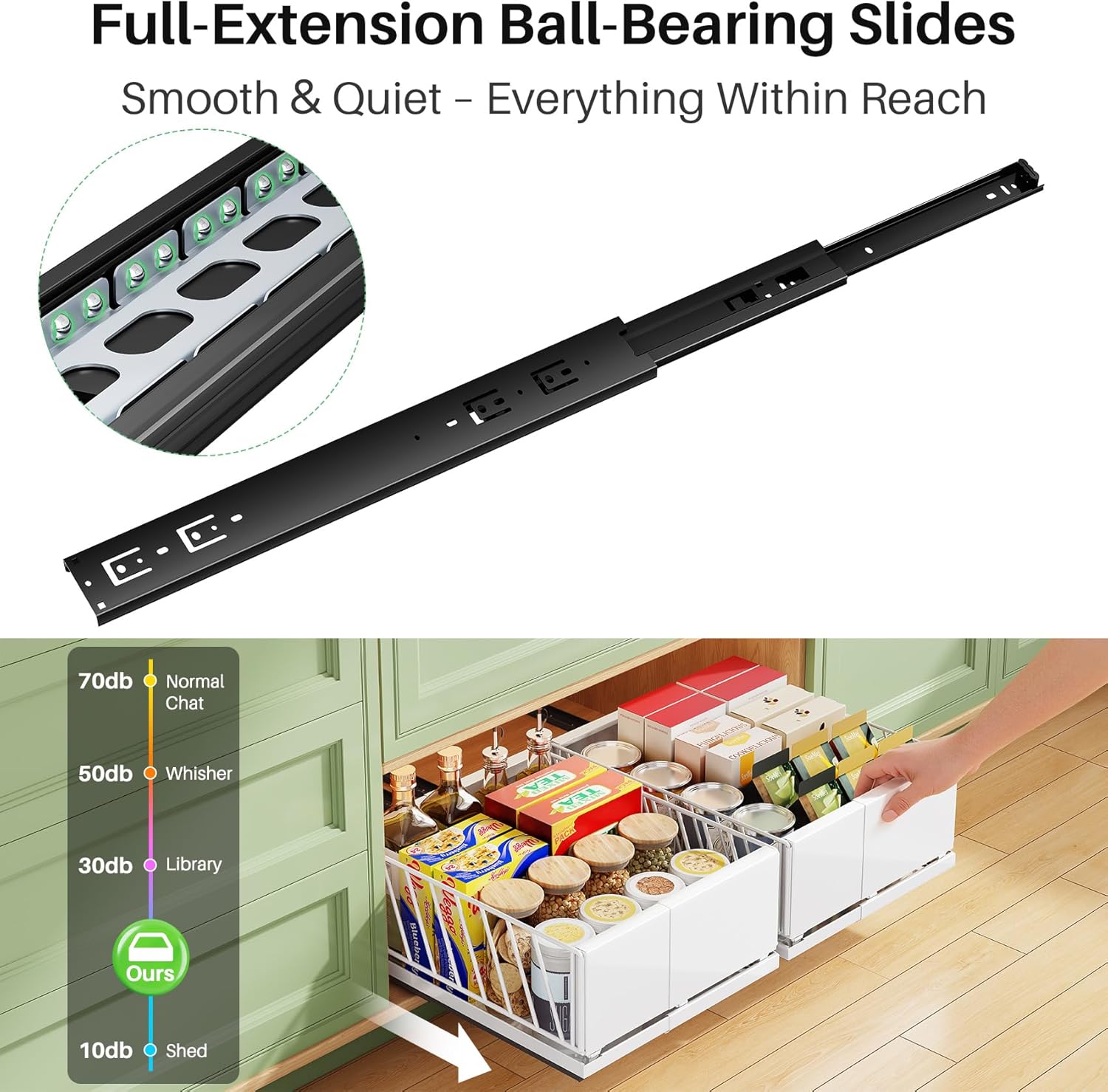 Pull out Cabinet Organizer, 2-Pack Expandable Width(9.8"-13.8") Heavy Duty Slide out Drawers with Raising Pad for Framed Cabinets, Adhesive Roll Out Shelves for Pantry, Kitchen,Bathroom Storage(White)