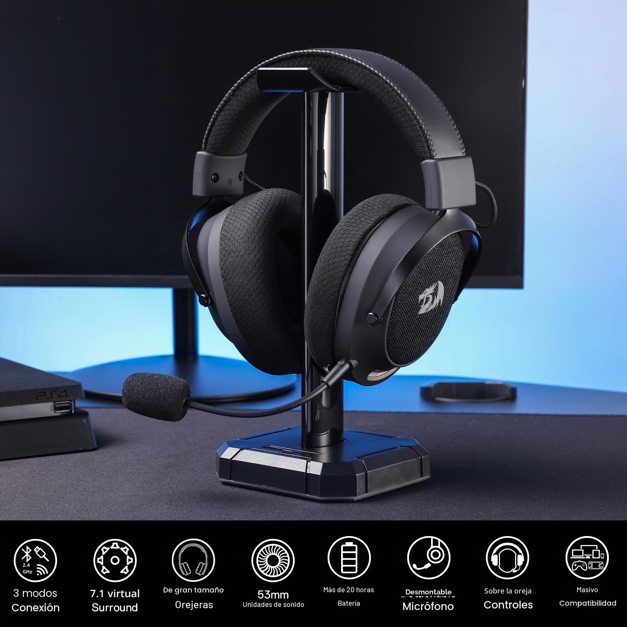 Redragon H858 Auriculares Gaming Inalámbricos 3 Modos - Sonido Envolvente 7.1, Drivers de 53mm, Almohadillas de Espuma Viscoelástica, Micrófono Desmontable con Cancelación de Ruido