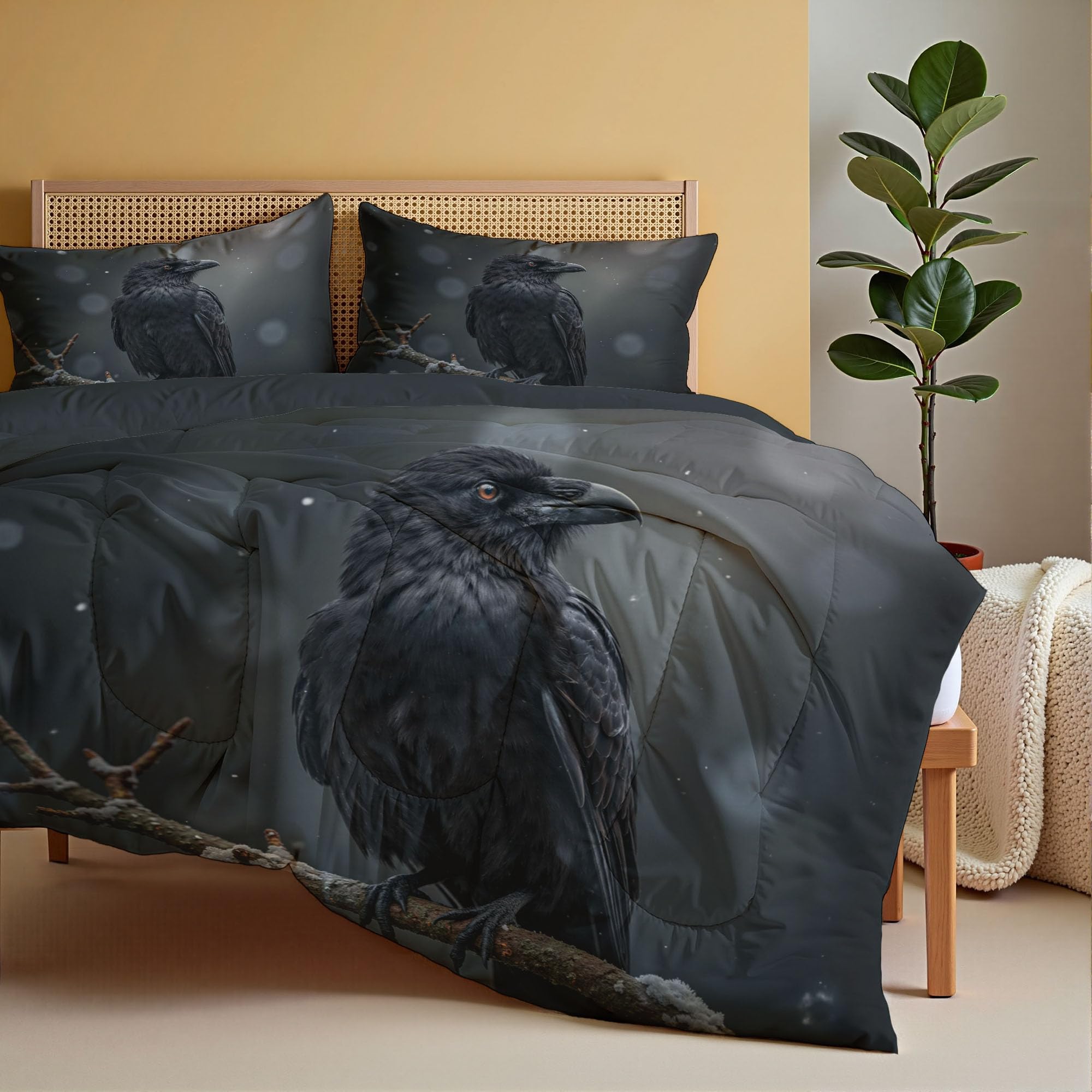 Edredon Cama 135/150 Cuervos Posados Ramas Árboles Estampado 3D, Edredón Nórdico 4 Estaciones 240x220cm, Colcha Transpirable De Microfibra Lavable Fantasía Animales, 2 Fundas De Almohada 50X75cm