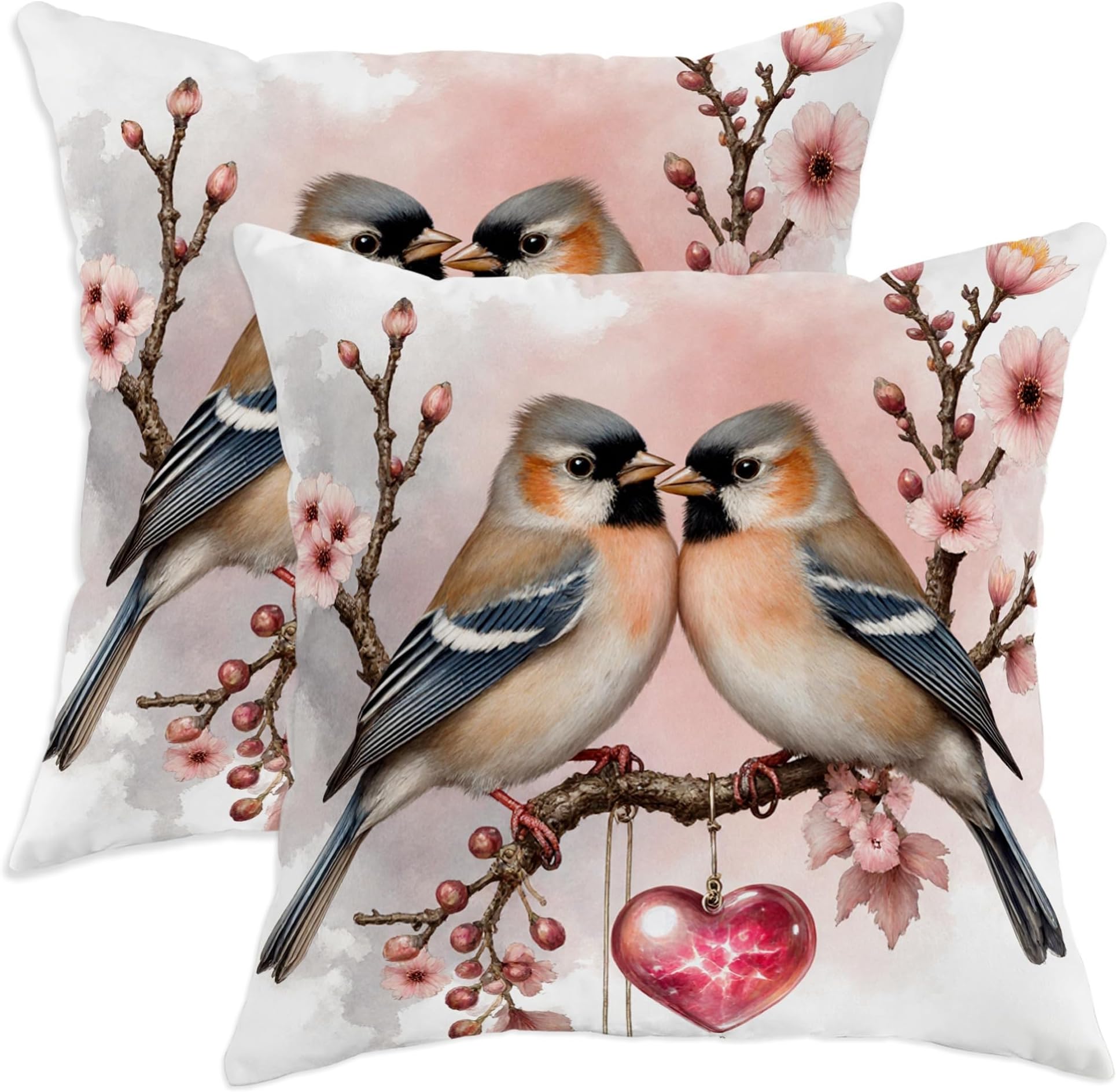 Pillow Cases Set Of 2 Birds Spring Romantic Cherries Branches Spring Peach Pillow Case Fashion With Invisible Zipper Chair Pillowcases, For Farmhouse, Office, Indoor, 45x45cm