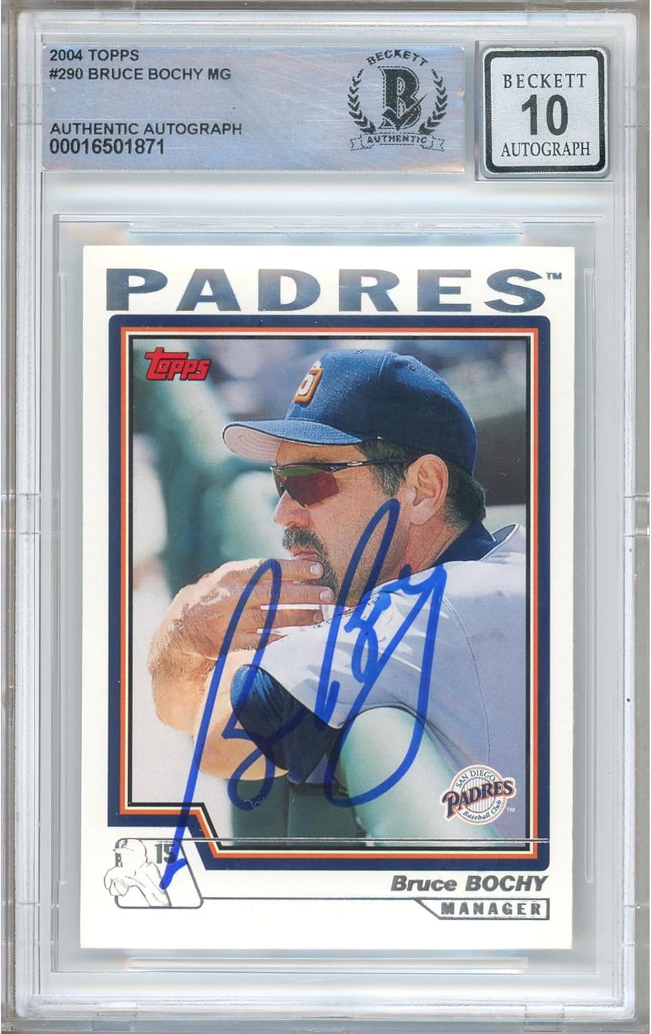 Bruce Bochy Autographed 2004 Topps #290 Baseball Trading Card Beckett BGS Auto 10 Graded BAS Authentic Slabbed COA Managed and Played For San Diego Padres MLB