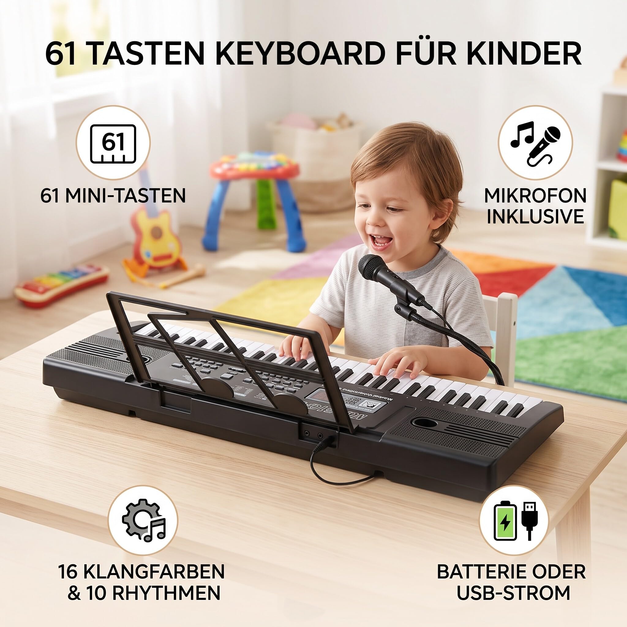 Clavier Piano 61 touches, Clavier Électronique Musique Clavier Portable Keyboard Piano pour Enfants Débutant avec Support & Microphone, Garçons et Filles