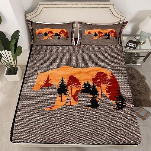 Miniatura 1 de Erosebridal Juego de sábanas bajeras de tamaño individual, diseño rústico de oso de caza, juego de ropa de cama de cuadrícula de búfalo para niños y