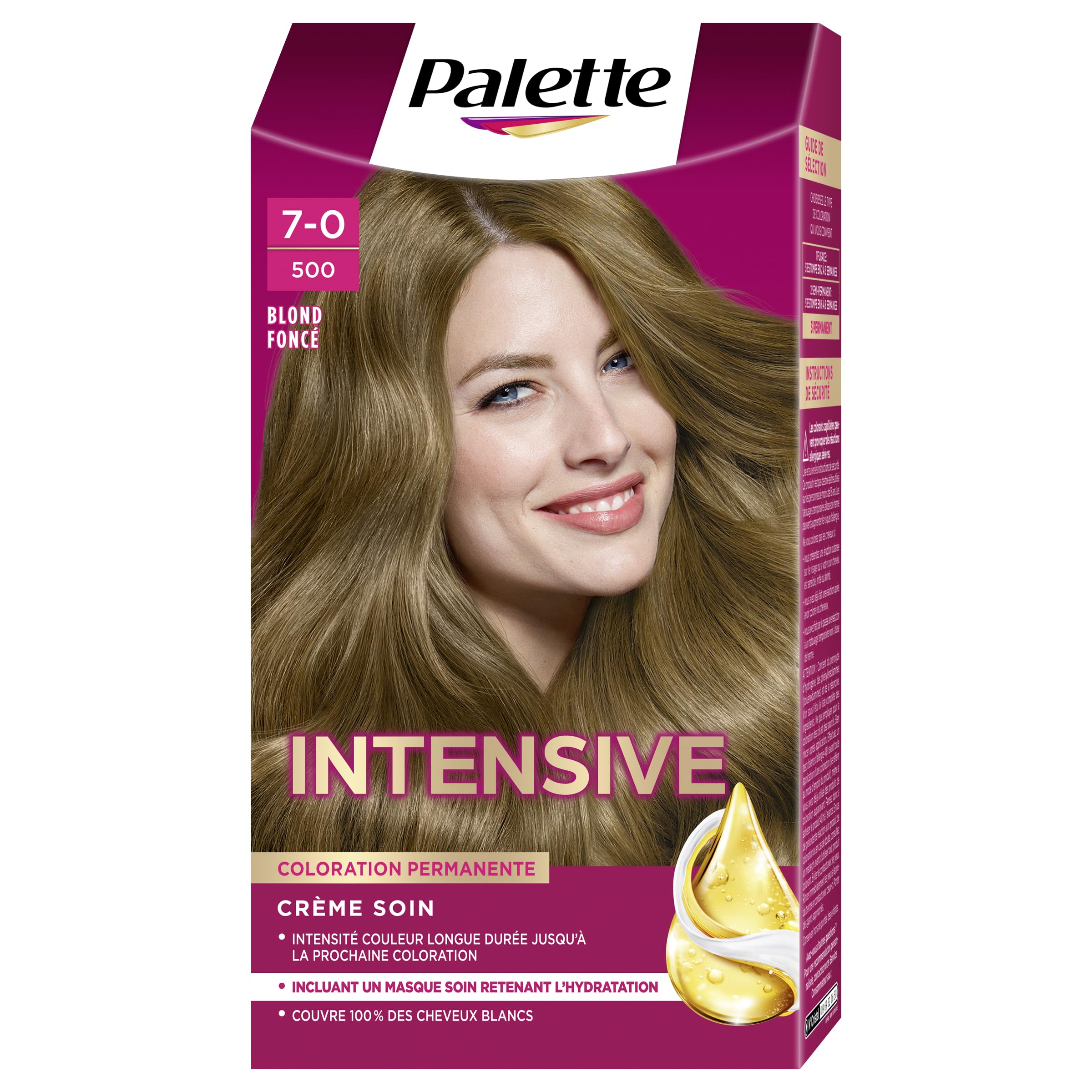 Palette, coloration permanente creme soin, couverture 100% cheveux blancs, couleur longue duree jusqu’a la prochaine coloration, 7.0 (500) blond fonce