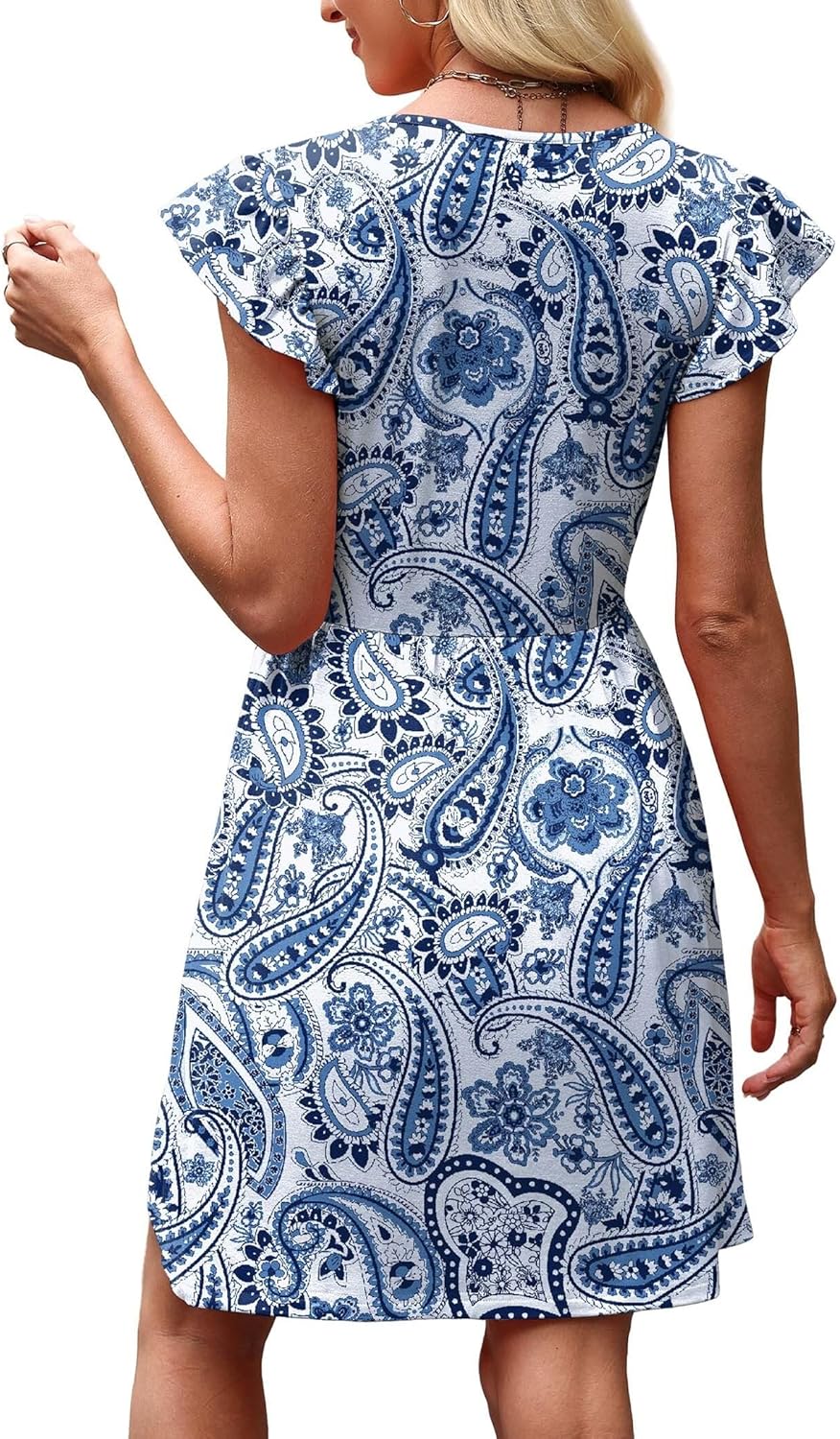 OFEEFAN Summer Dresses for Women Beach Vacation Clothes V Neck Ruffle Sleeve Babydoll Dress Elegant Classy Sundress - Image 5