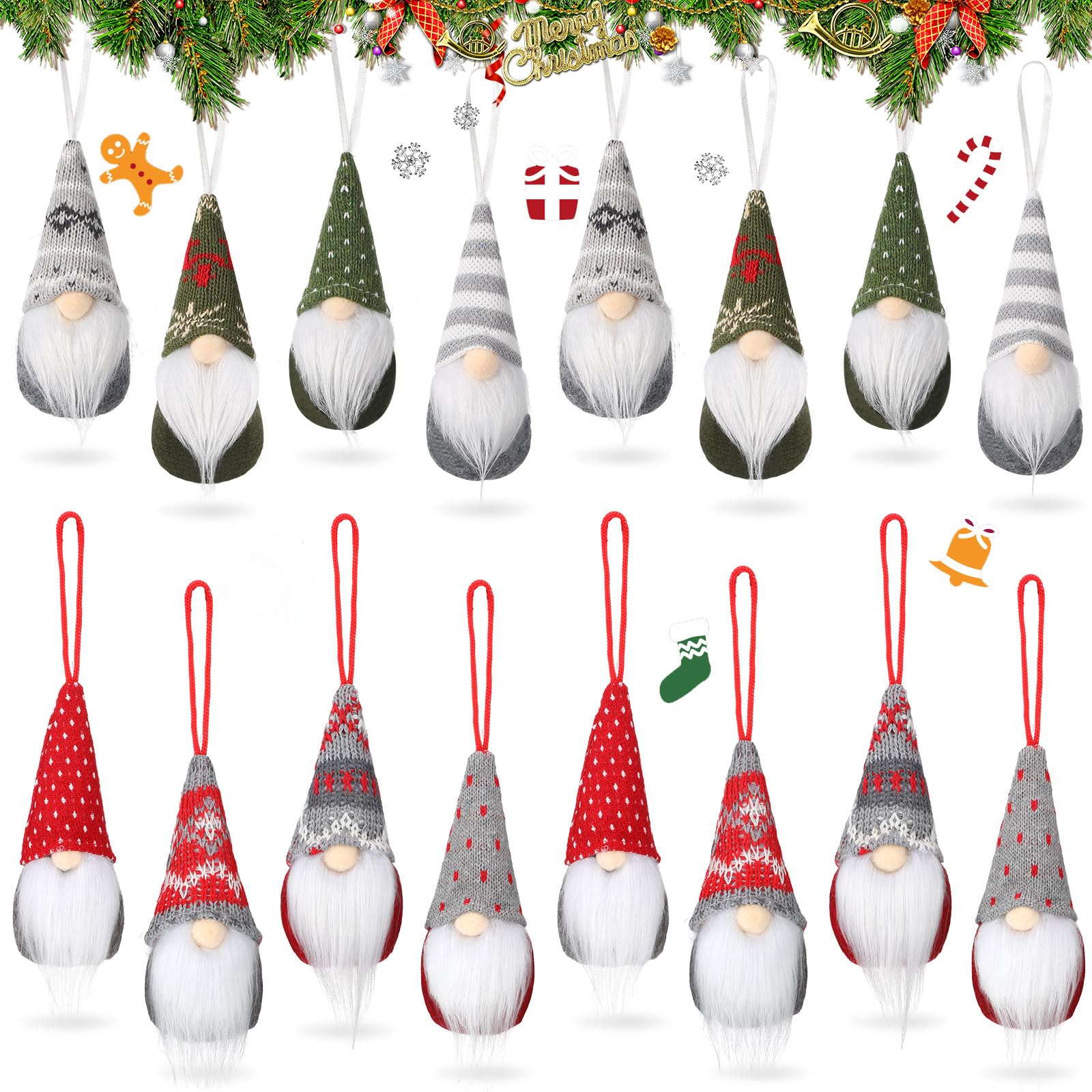 Skylety Christmas Ornaments Doll Christmas Tree Hanging Ornaments Handmade Swedish Tomte Decorations Plush Scandinavian Santa Hanging Dolls for Christmas Holiday Party Decorations(16 Pieces)