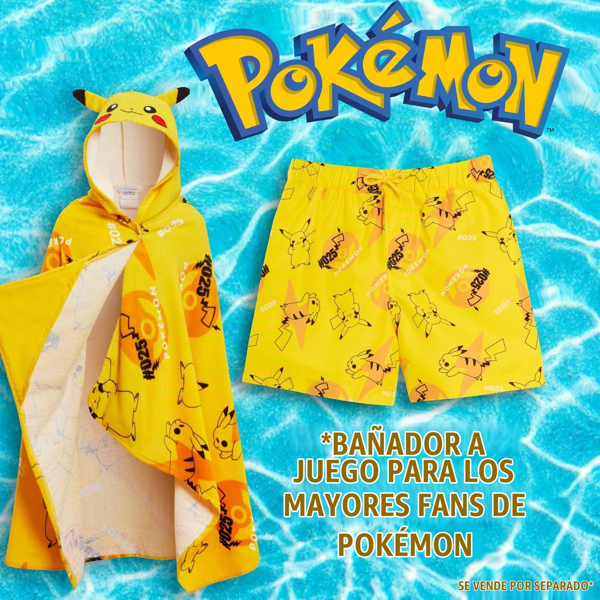 Pokémon Serviette à Capuche Pikachu 100% Coton Enfants Oreilles 3D Déguisement Poncho Pikachu Serviette de Plage Serviette de Bain Enveloppe de Natation