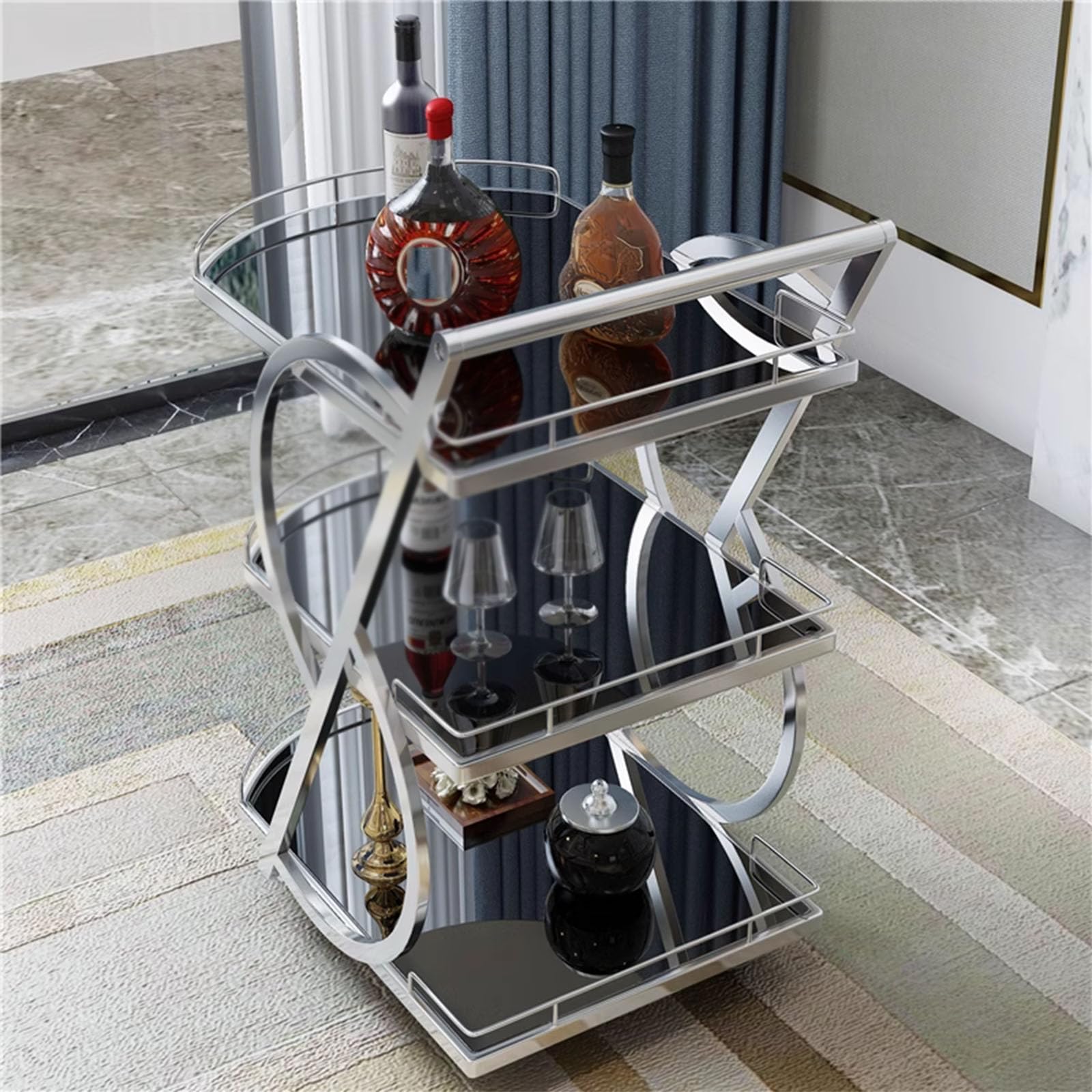 asdchZen Serving Cart Trolley,Mobile Kitchen Serving Cart Cart, Serving Carts On Wheels,3 Tier Storage Shelves,For Home,Gold,Silver