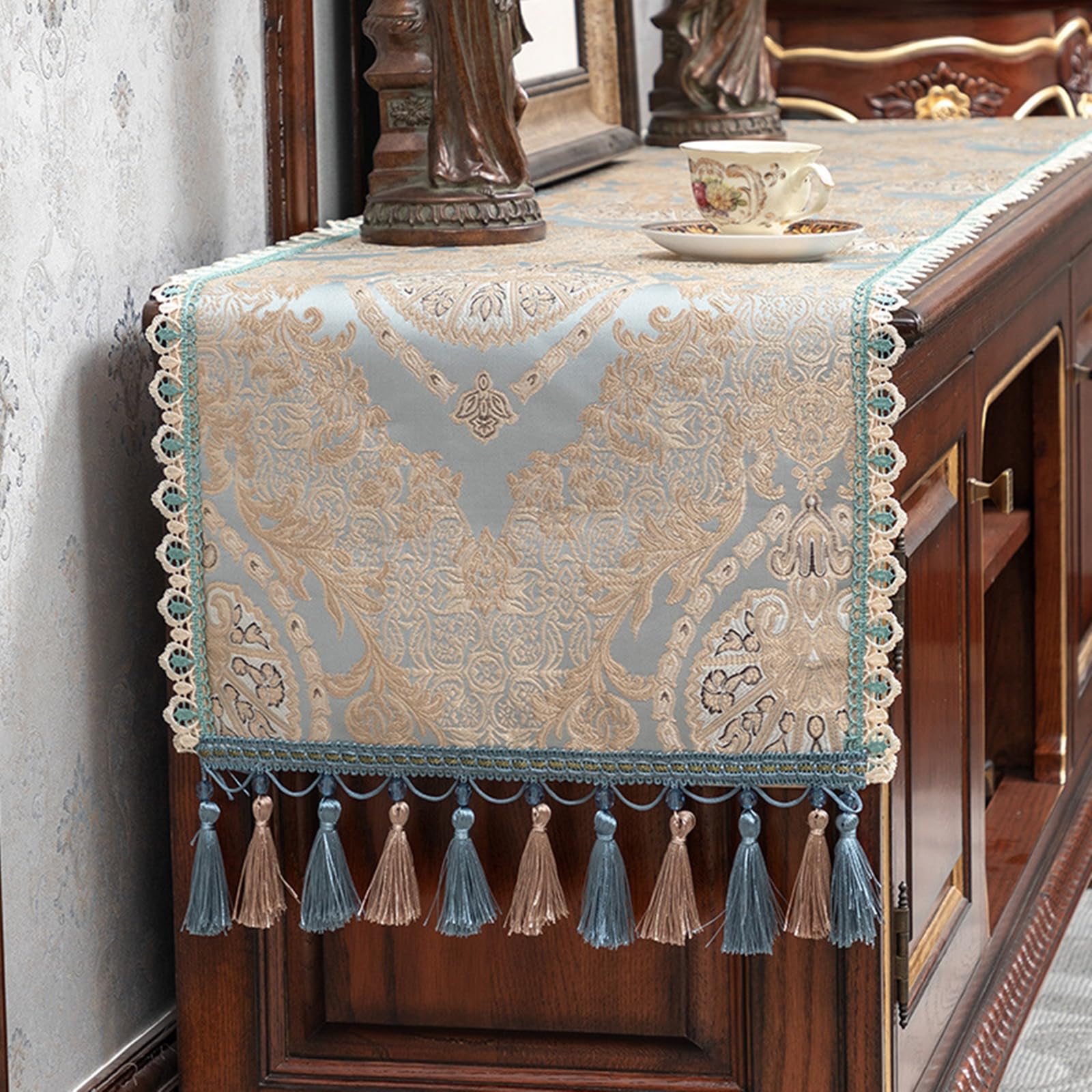 Camino de mesa moderno, 320 cm de largo, poliéster, algodón, decorativo, rectangular, estilo europeo, flores bordadas con borlas, mantel para fiesta en casa, azul y verde, 50 x 320 cm