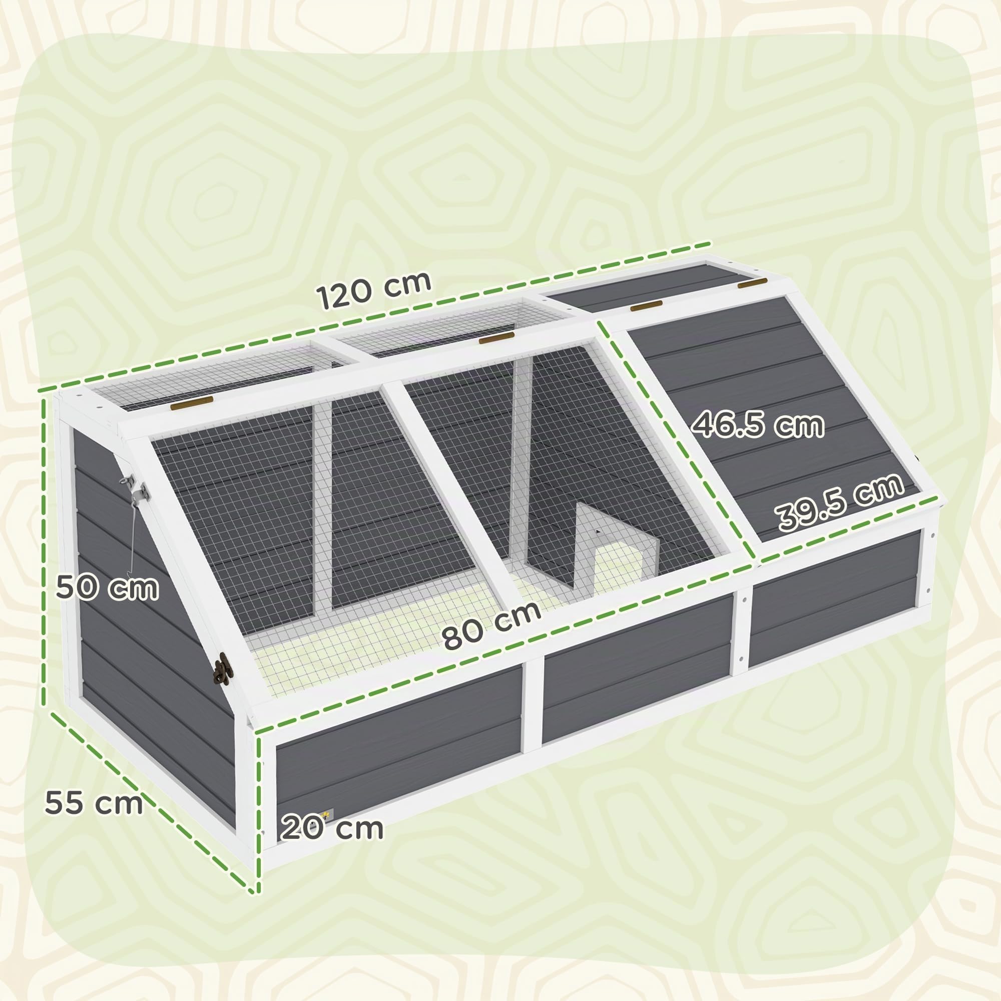 PawHut Casa para tortugas terrapín sin suelo con panel de apertura y 2 espacios separados, Casa para tortugas de abeto y acero galvanizado, 120x55x50A cm, gris claro y blanco | Sin pavimentación, panel abatible, 2 espacios separados, casa terrario tortuga