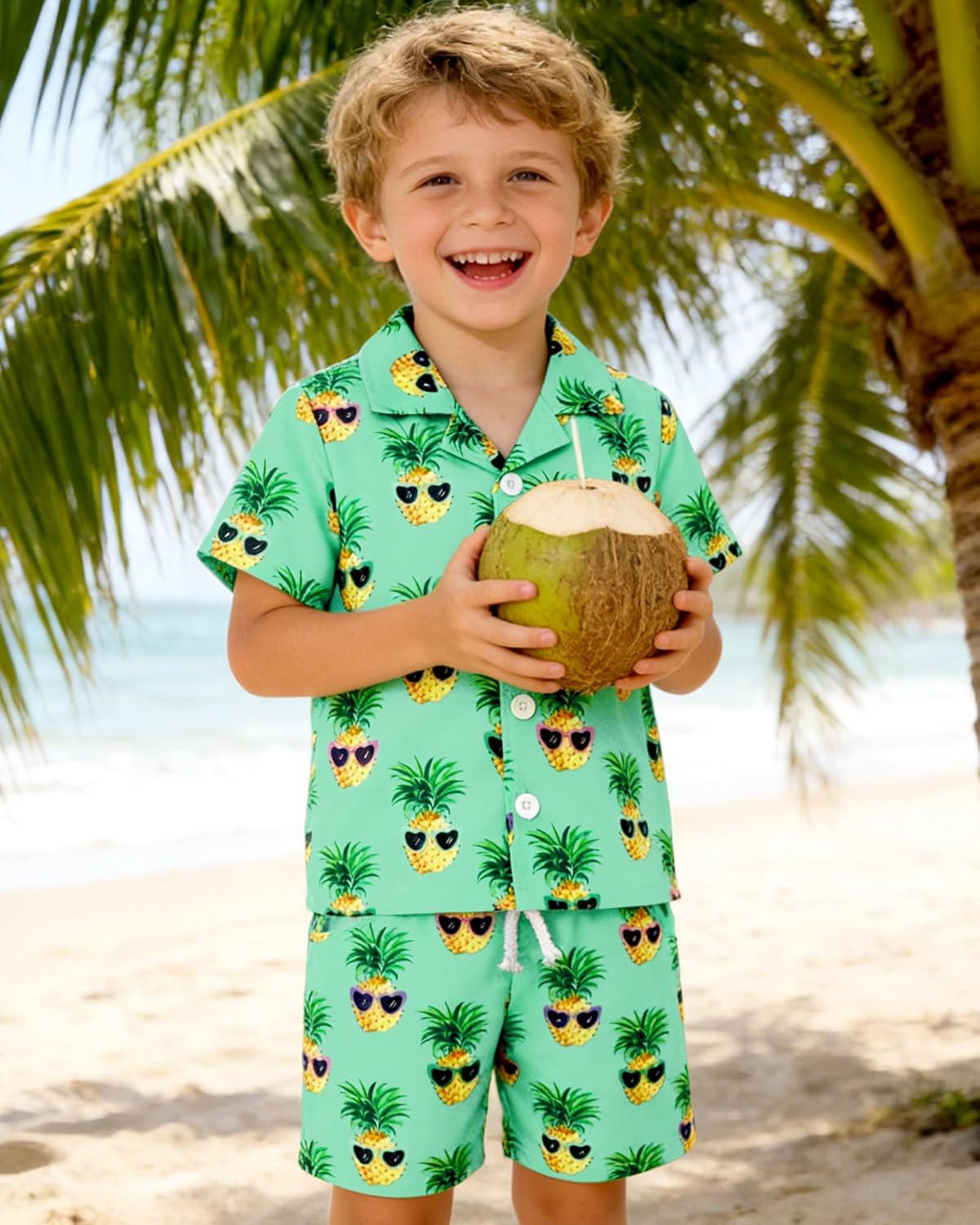 YUEMION Boys Hawaiian Outfit 2Pcs Set Summer Beach Button-Down Shirt Top + Shorts for Kids 2-10 Years - Image 3