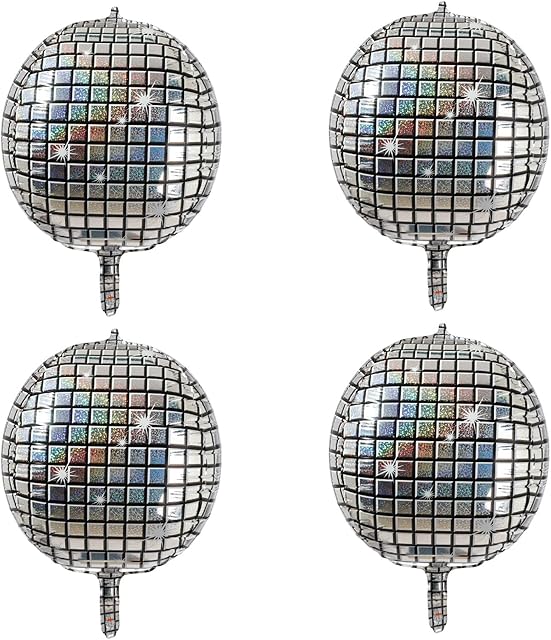 4 Pcs Disco Ball Balloon Silver 22 Inch 4D Round Balloons Big Metallic Mirror Foil Balloons Birthday Disco Dance 70s Party Decorations Supplies