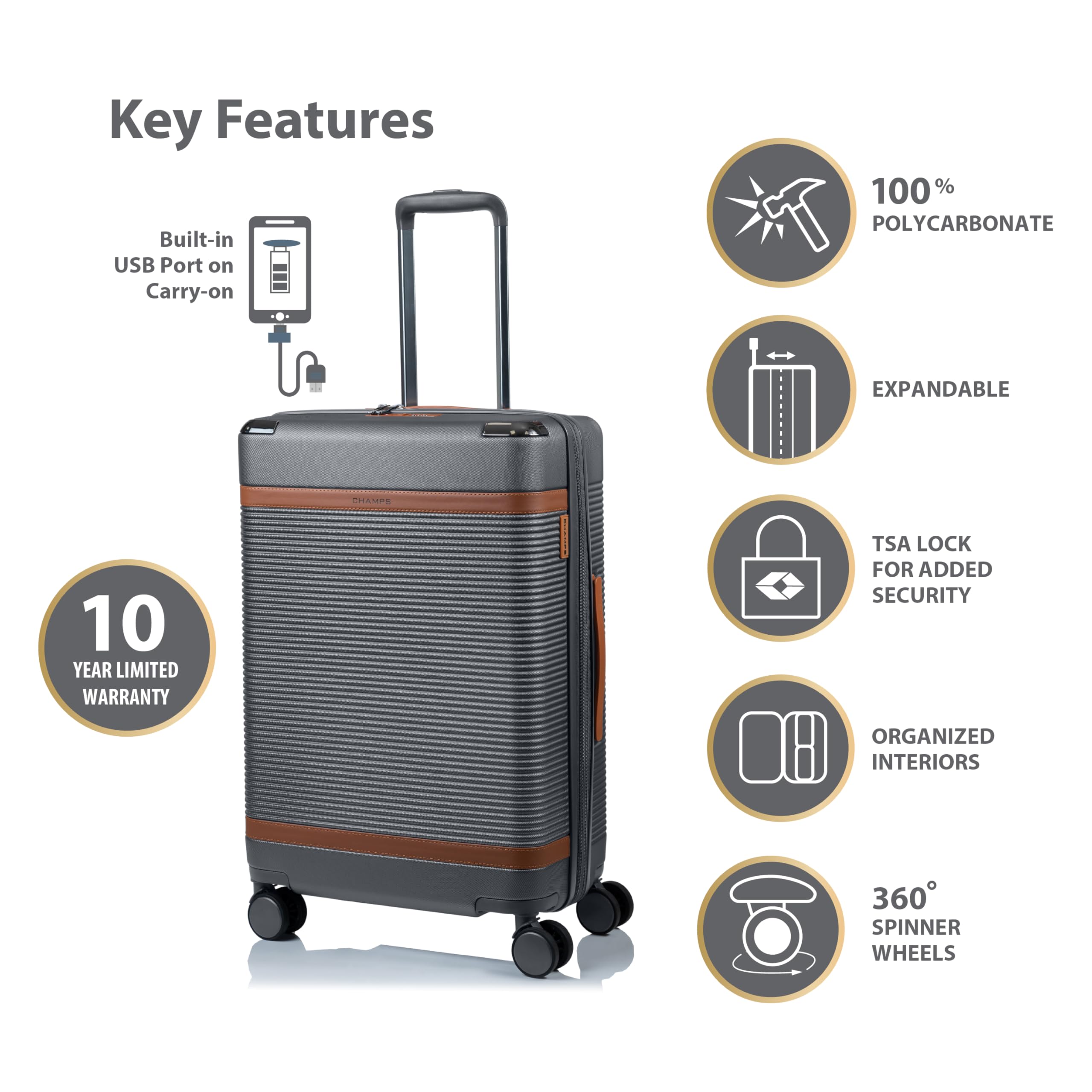 CHAMPS 'VINTAGE III COLLECTION' 3-PIECE EXPANDABLE HARDSIDE SPINNER LUGGAGE SET WITH USB PORT (GREY)