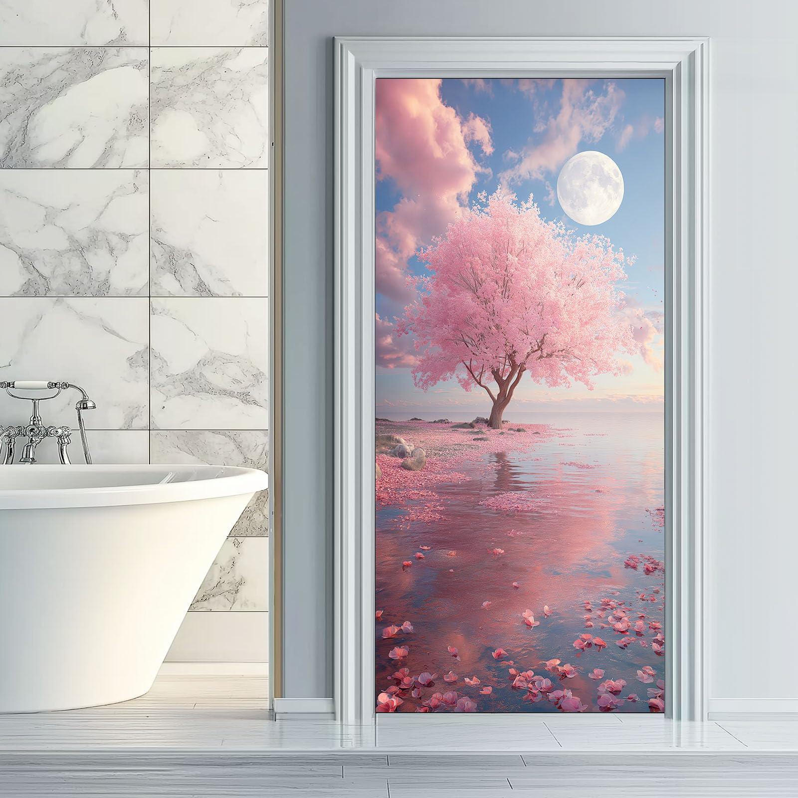 Naklejki na drzwi 3D natura krajobraz, samoprzylepny plakat z PCV wzór jeziora wiśnia w kwiaty księżyc, różowe naklejki na drzwi tapeta dekoracyjny plakat wewnętrzny do sypialni kuchni, 90 x 200 cm