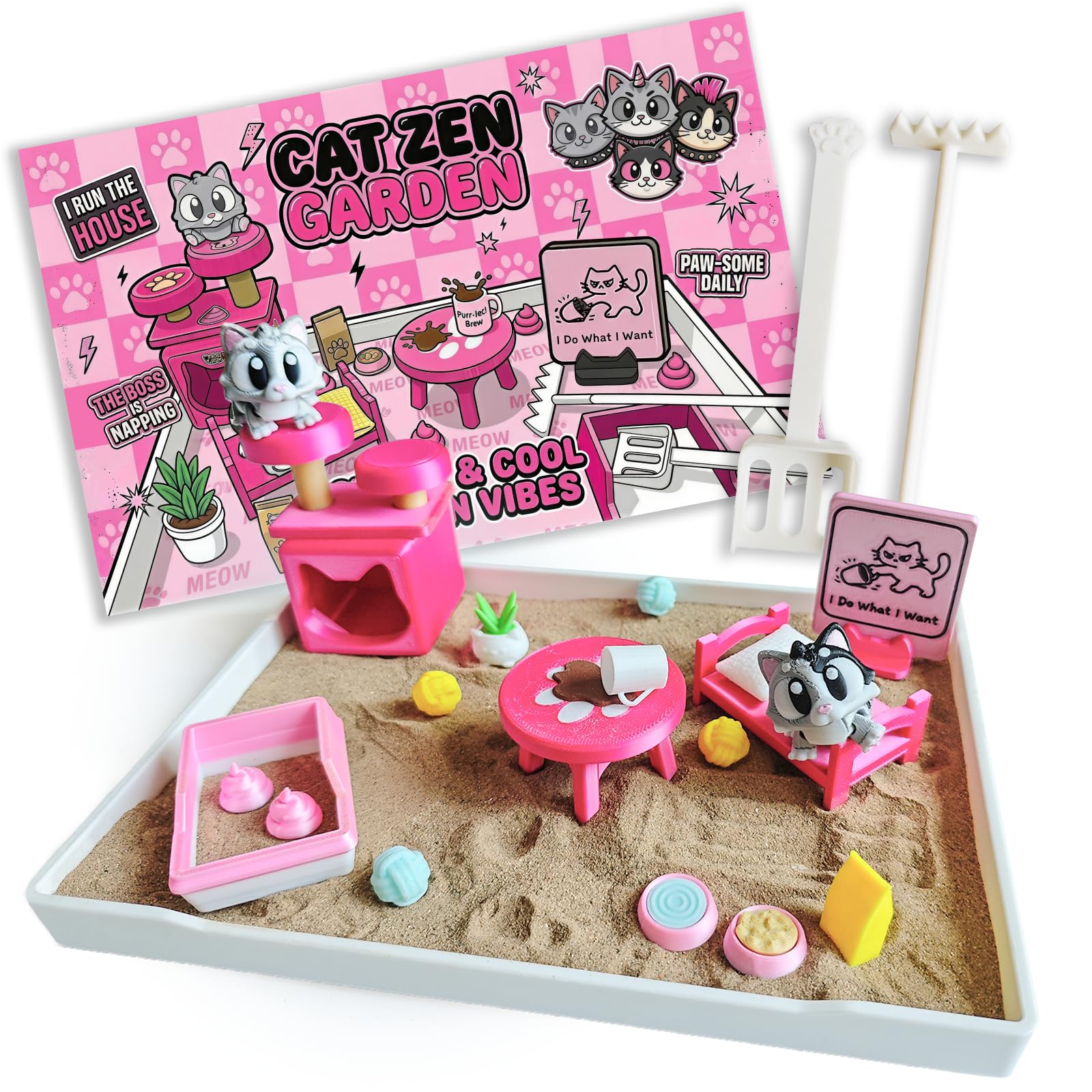 Regalos de gato para mujeres, mini jardín zen para escritorio, divertido kit de terapia de bandeja de arena de escritorio, accesorios de escritorio, suministros de oficina, regalos únicos para