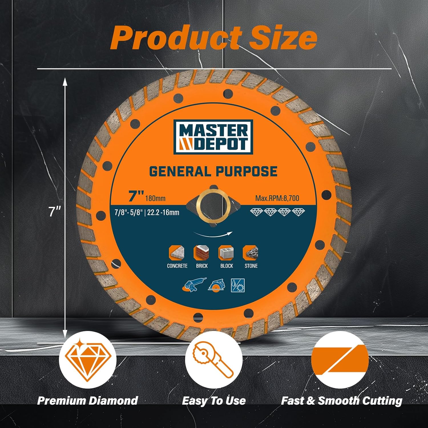 7 Inch Diamond Blade for Granite, Ceramic, Marble, Stone and Hard Bricks, Super Thin Turbo Rim Design for Angle Grinders and Handheld Saws, Dry and Wet Use, 7/8"-5/8" Arbor (2 PCS)