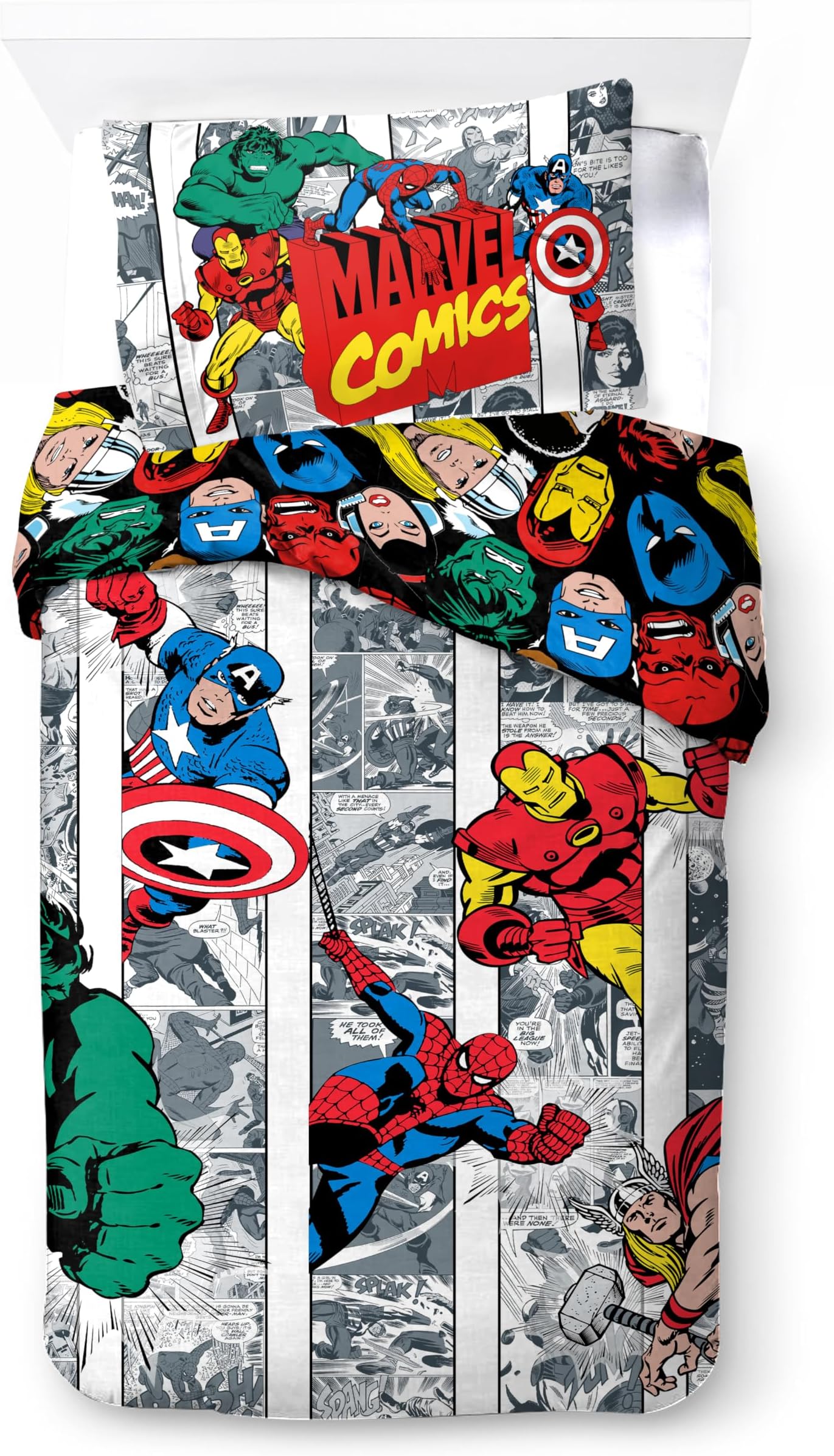 Character World Disney Official Marvel Avengers Single Kids Duvet Cover Set | Reversible 2 Sided Bedding Including Matching Pillow Case | Comic Coolness Design Single Bed Set