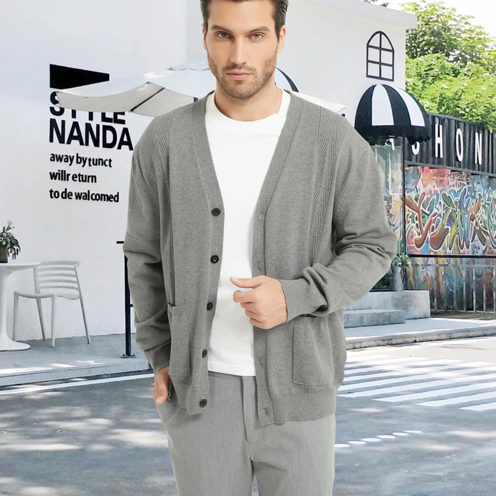 Cardigan pour Homme Décontracté Pull Manches Longues en Maille avec Col en V, Veste en Tricot Coton pour Hommes Gilet Automne Hiver avec Poches et Boutons