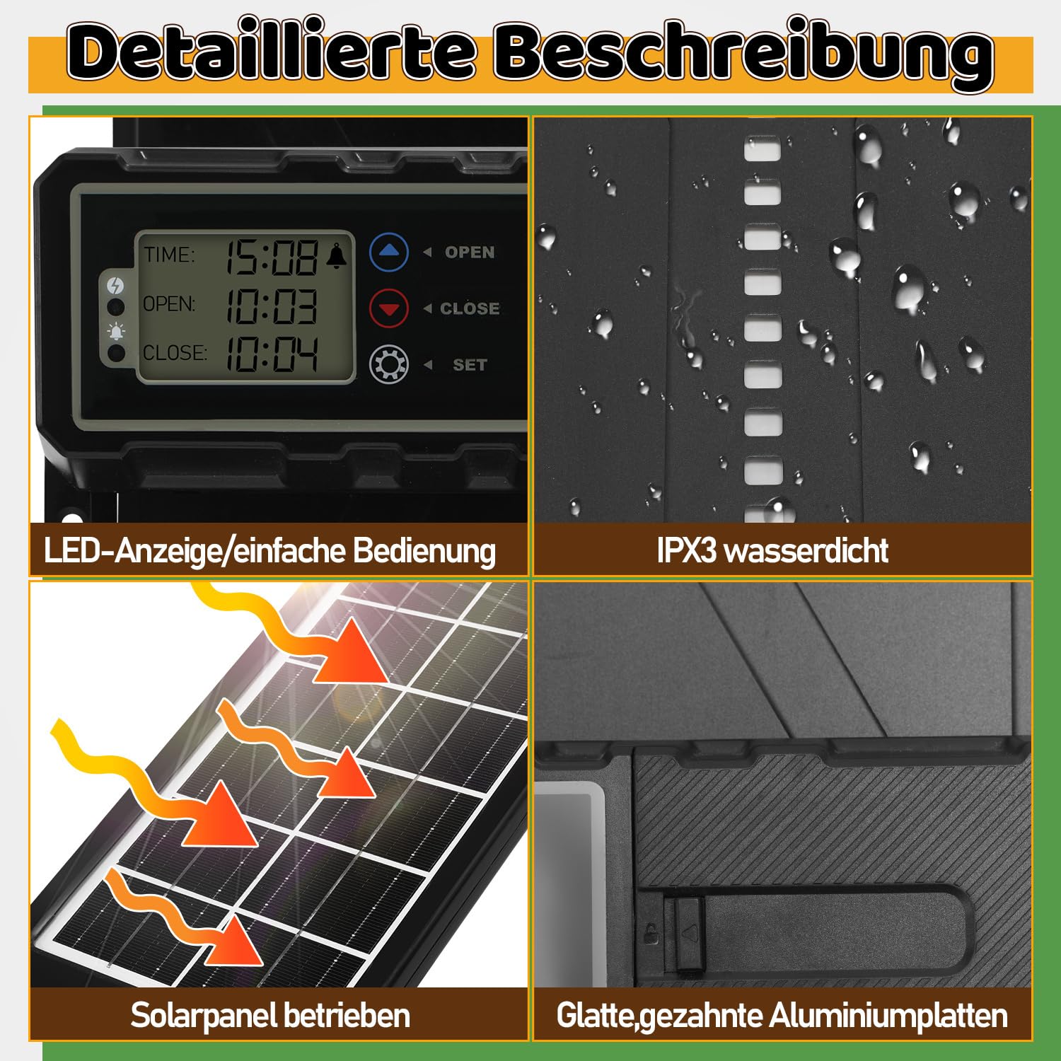 Hühnerklappe Automatisch Solar, Aluminum Elektrische Hühnerklappe Hühnertür mit Wasserdicht Großes LCD Display, Timer und Fernbedienung, Einklemmschutz