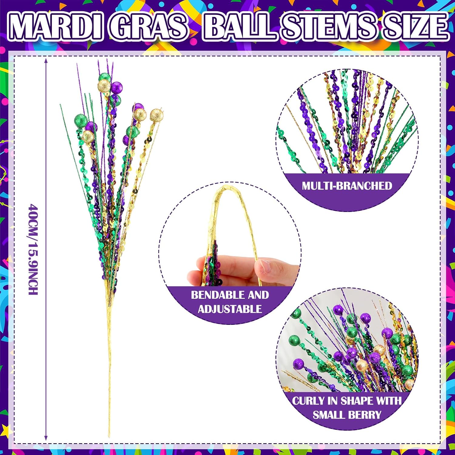 6個 15.8インチ マルディグラ ピック ツリーオーナメント グリッター マルディグラ パープル ゴールド グリーン 人工ベリー