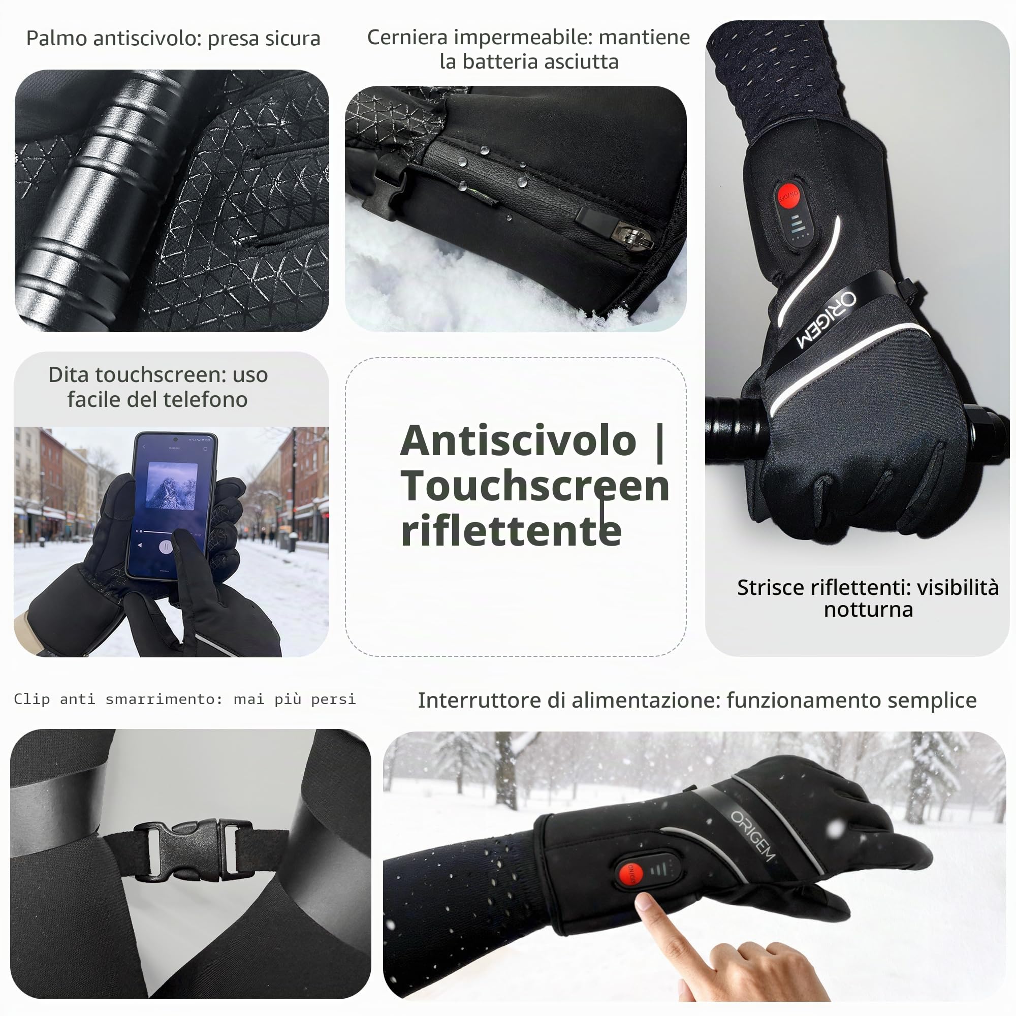Origem Guanti Riscaldabili Moto Uomo Donna Ultrasottile, 6000mAh Batteria Ricaricabili, Invernali Termici Impermeabile Touchscreen Antiscivolo Riflettente Sottoguanti per Sci Bici Scooter Raynaud