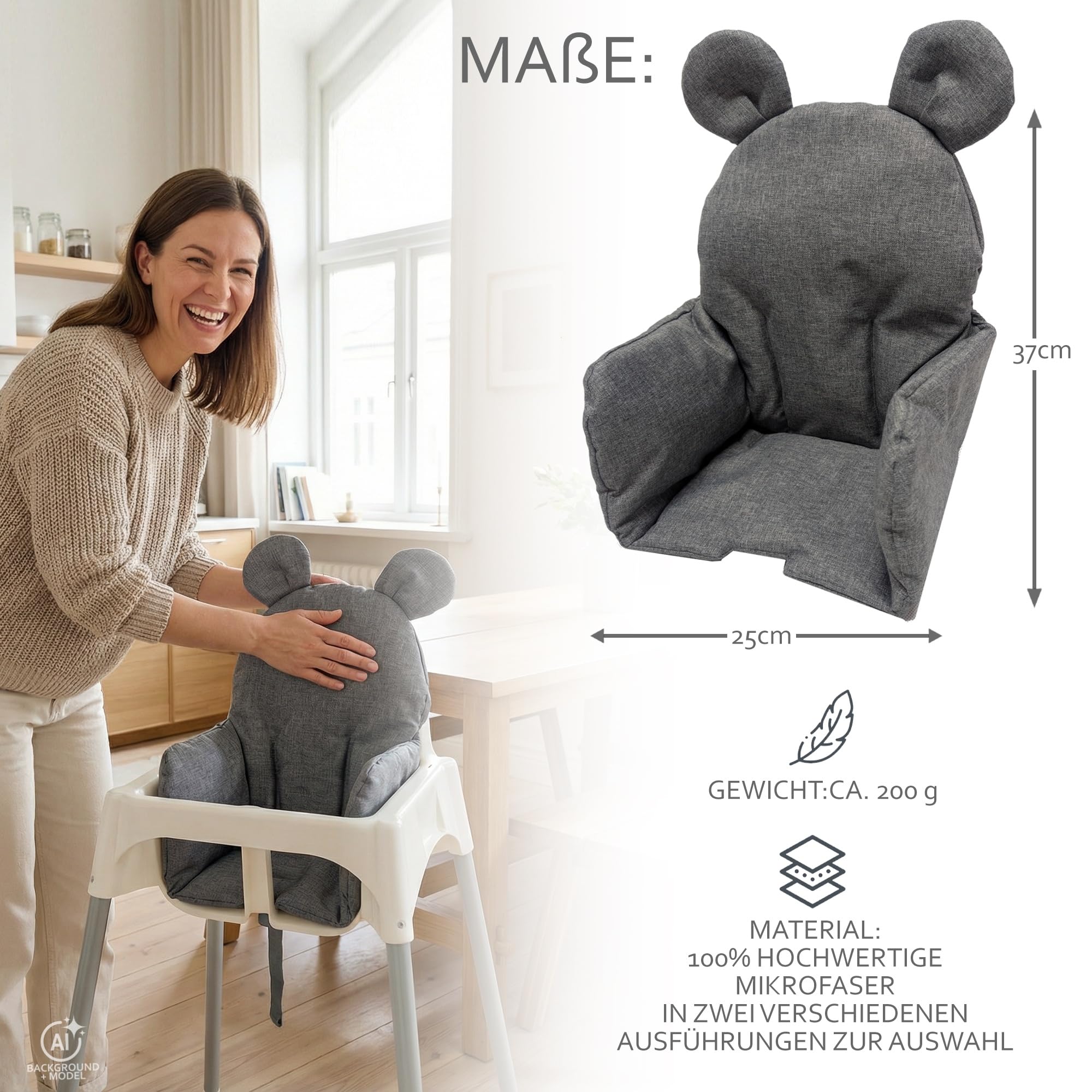 Sitzbezug für Ikea Antilop Hochstuhl, Dunkelgrau meliert Teddy | Sitzverkleinerer, Kissen, extra weich, waschbar, langlebig