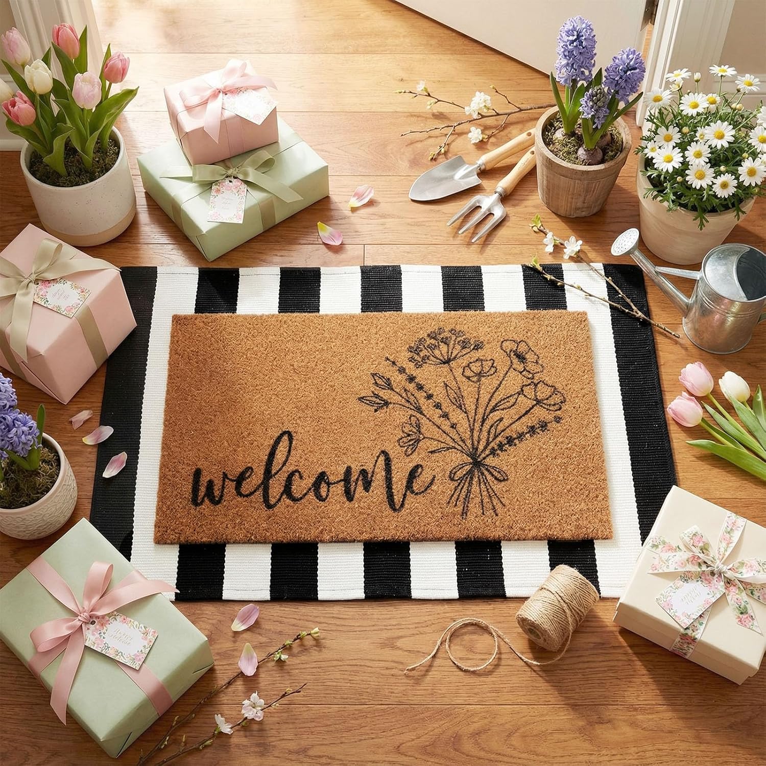 Duraaamo 2 Pcs Spring Coir Doormat Outdoor Flower Welcome Outdoor Rug Front Porch Mats Layered Black and White Stripe Rugs for Spring Front Porch Entryway Decor