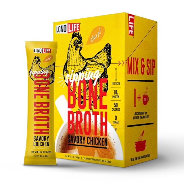LonoLife Chicken Bone Broth Powder Mix 10g Protein Collagen-Rich Keto Paleo Friendly Natural Ingredients 10 Portable Stick Pack