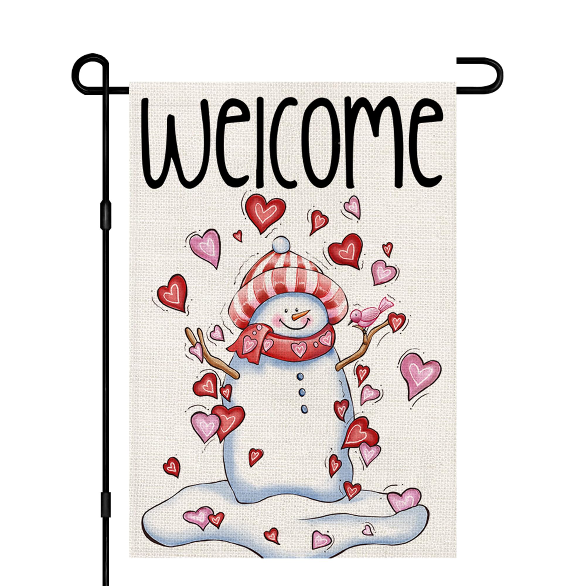 Snowman Love Heart Welcome Garden Flags Burlap 12x18 Inch Double Sided Outside, Valentine's Day Decoration Holiday Yard Sign DF413