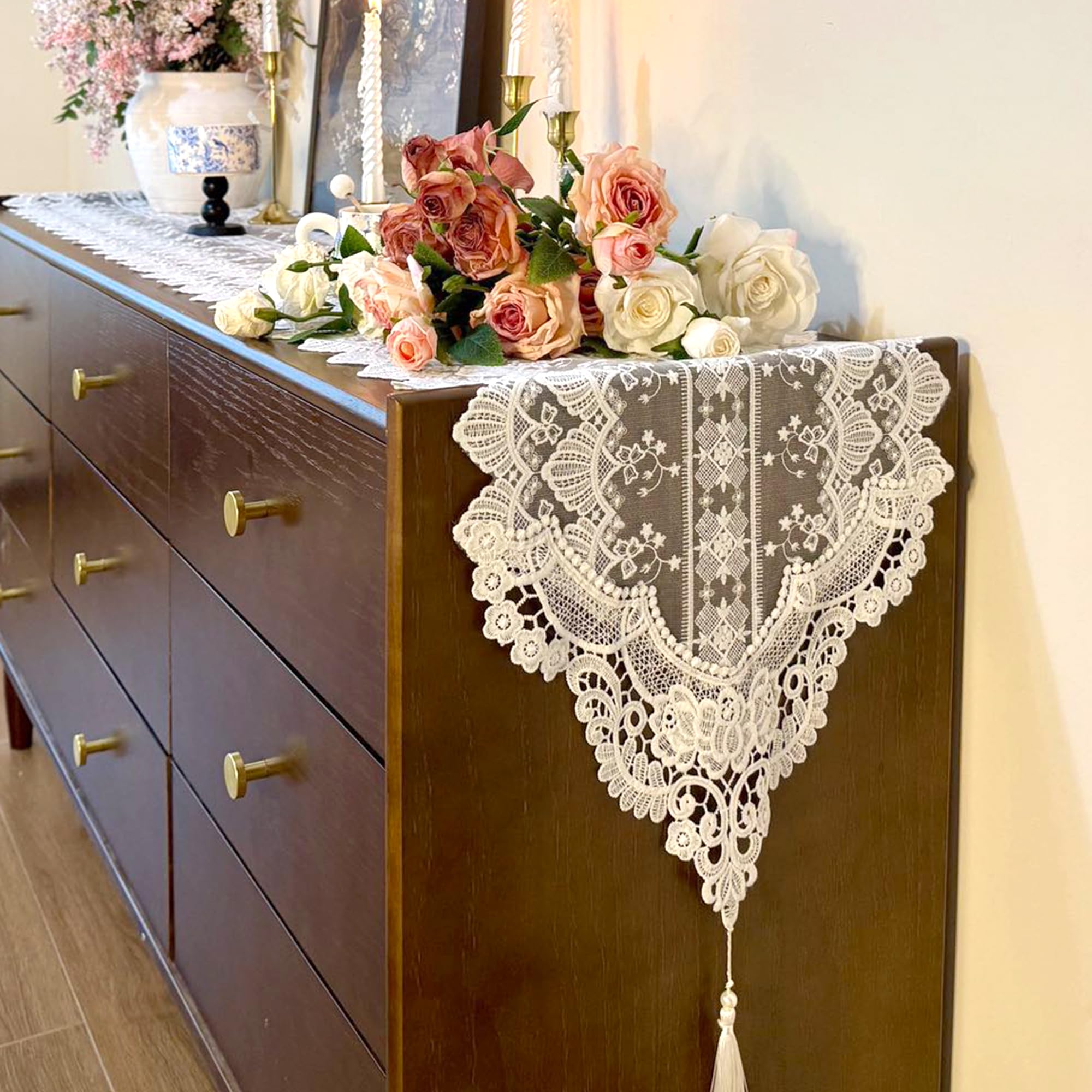 Lace Table Runner Exquisite Embroidery Floral,UWWGKK Table Runners with Tassel Retro French Country Style,for Wedding Decor,Afternoon Tea, Party