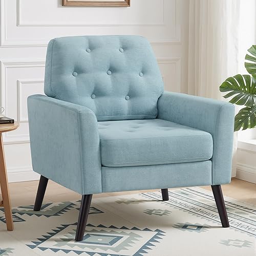 Miniatura 19 de Silla decorativa para sala de estar, silla de lectura moderna de mediados de siglo, sillón tapizado con respaldo copetudo y patas de madera, sofá PU