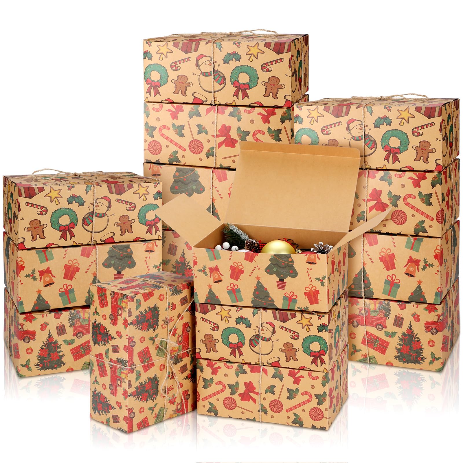 Zhanmai 24 Pcs Christmas Brown Gift Boxes with Lids and Twine Kraft Paper Box for Christmas Bulk Gift Packaging Holiday Present Wrapping, 4 Styles(