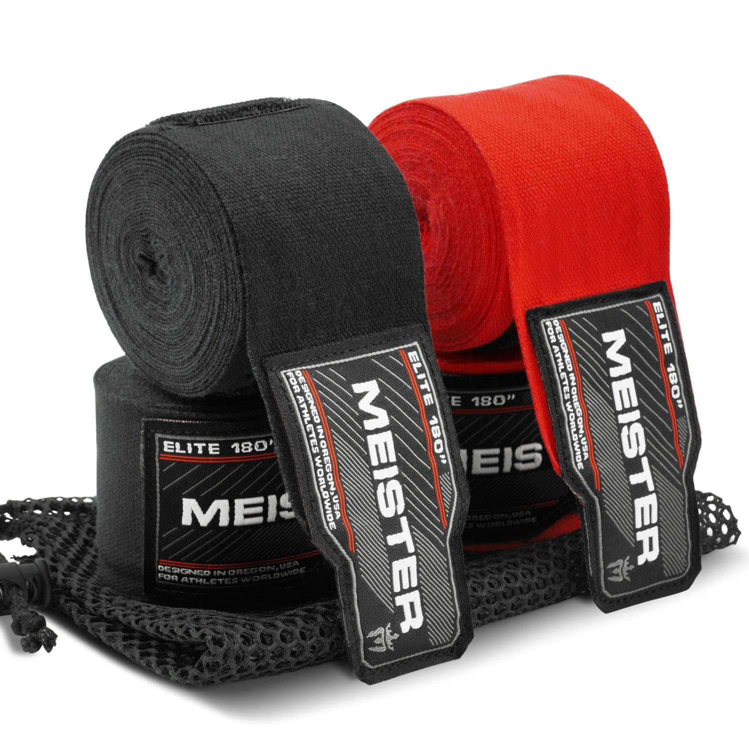 Meister ELITE 180" Premium Adult Hand Wraps for MMA & Boxing - 2 Pair Pack w/Mesh Bag